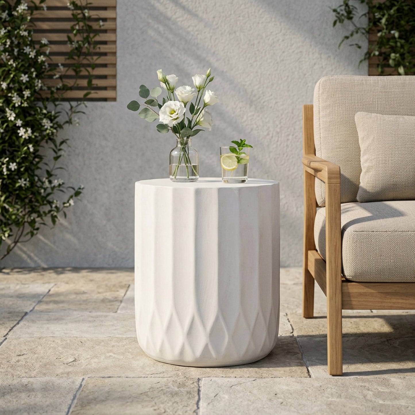 Round Outdoor Side Table with Scallop Edge Design, Lightweight Concrete End Table and Accent Table for Patio and Garden, Antique White