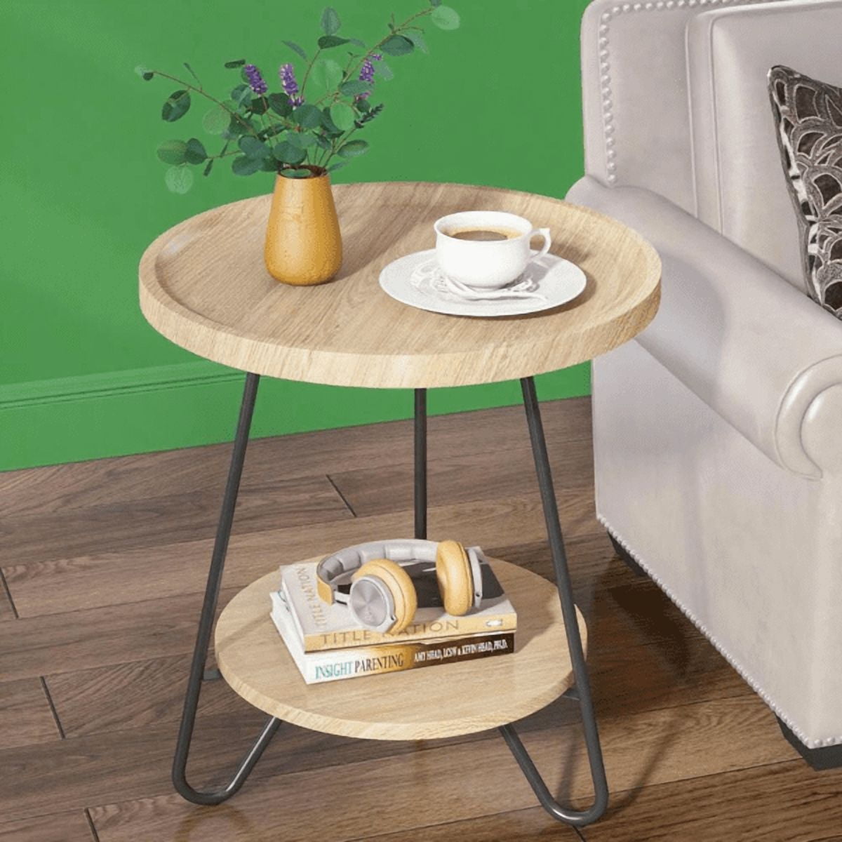 Round Side Table with Lower Shelf, Wood & Metal Frame, Anti-Drop Fence for Living Room/Bedroom/Nightstand