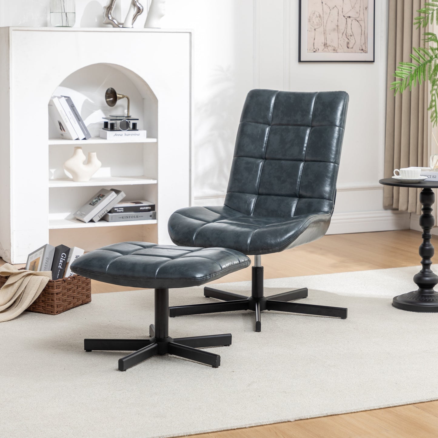 Roundhill Furniture Arlena 2-Piece Seating Set, Faux Leather Tufted Accent Chair and Ottoman, Blue
