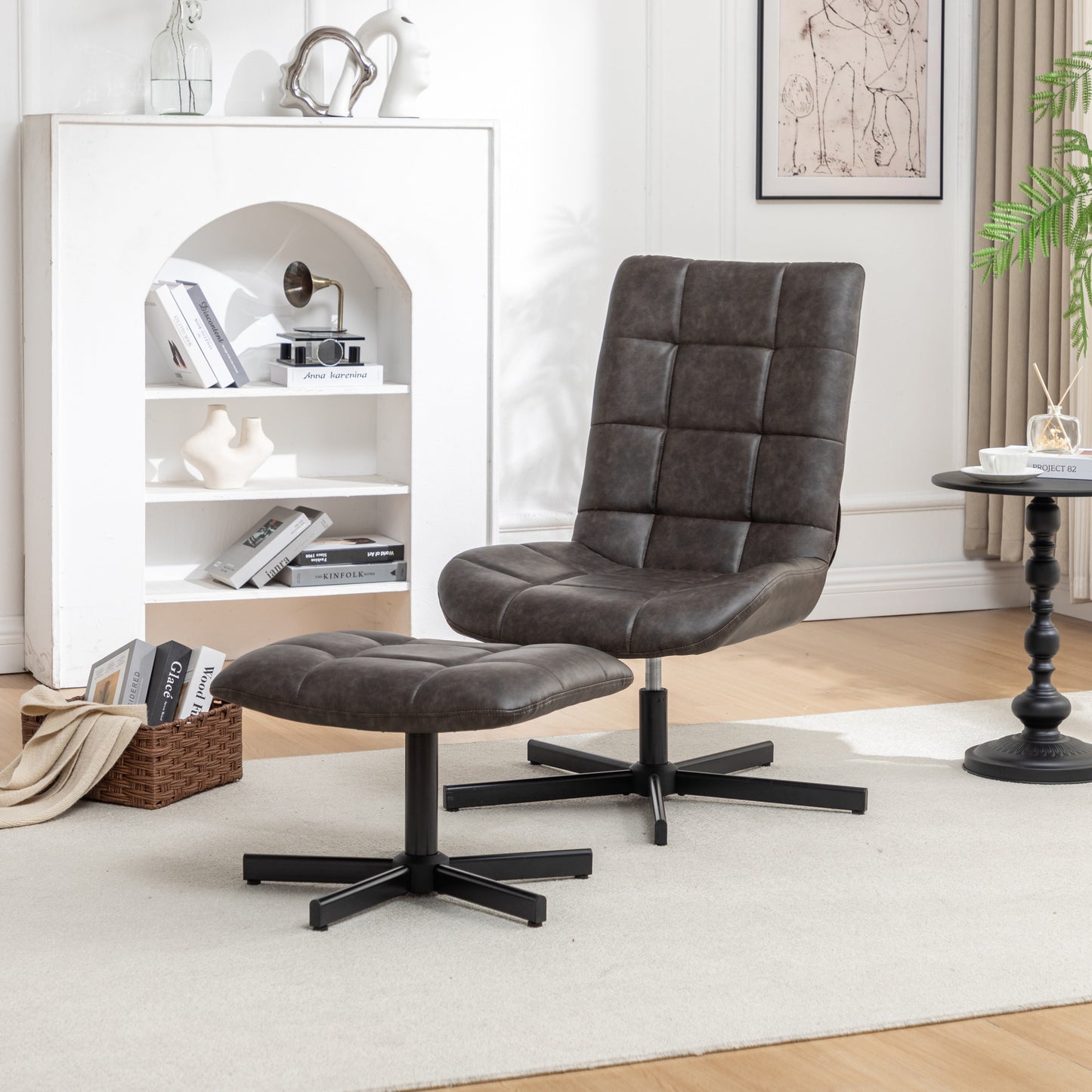Roundhill Furniture Arlena 2-Piece Seating Set, Faux Leather Tufted Accent Chair and Ottoman, Brown
