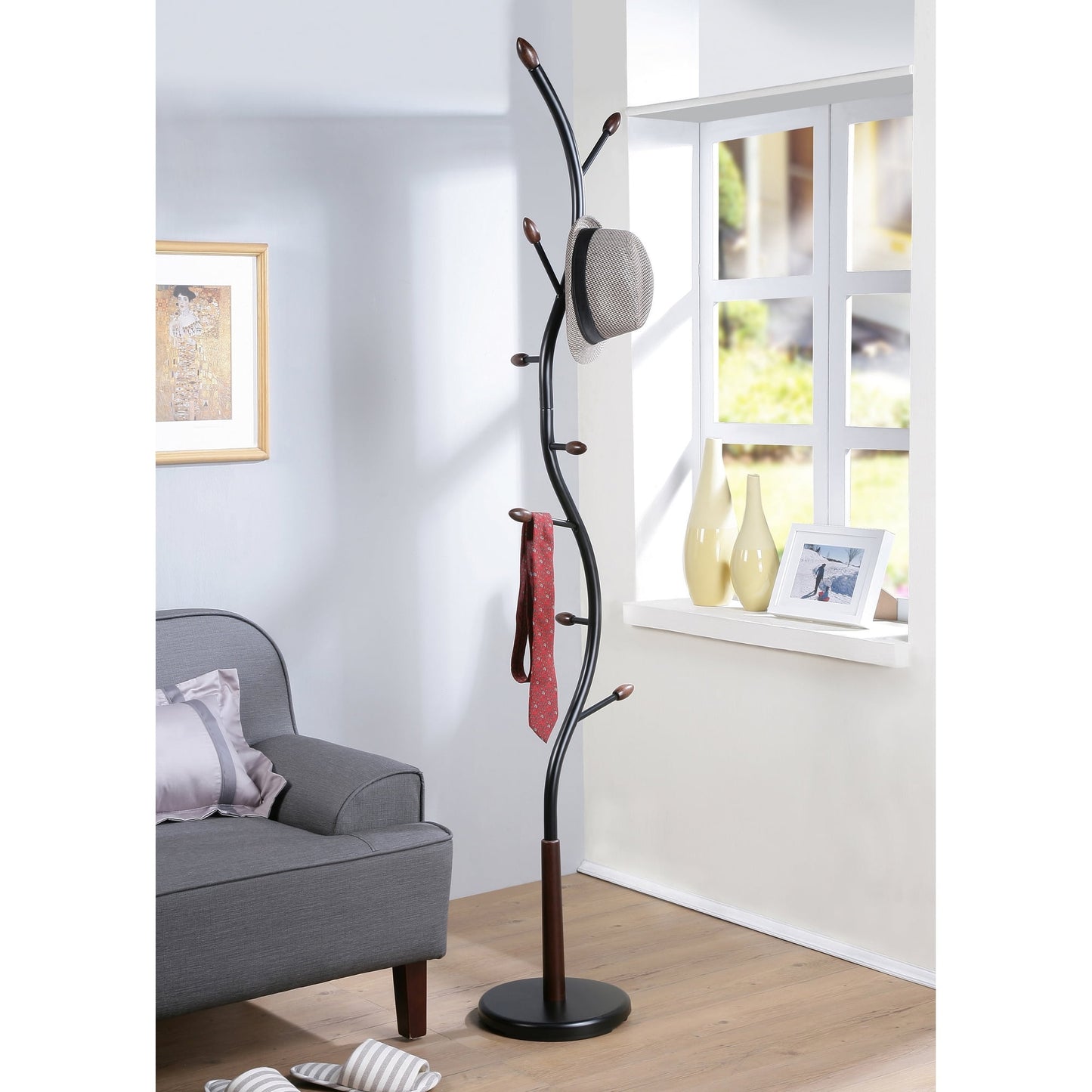 Roundhill Furniture Arles Metal Standing Coat Rack, Black And Walnut