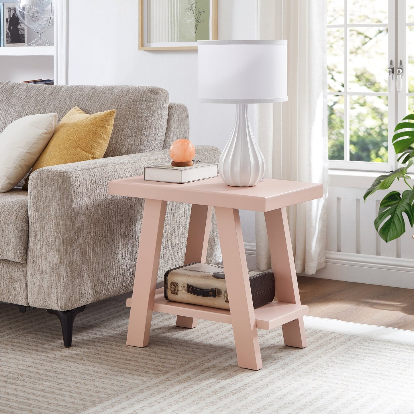 Roundhill Furniture Athens Contemporary Wood Shelf Side Table in Pink