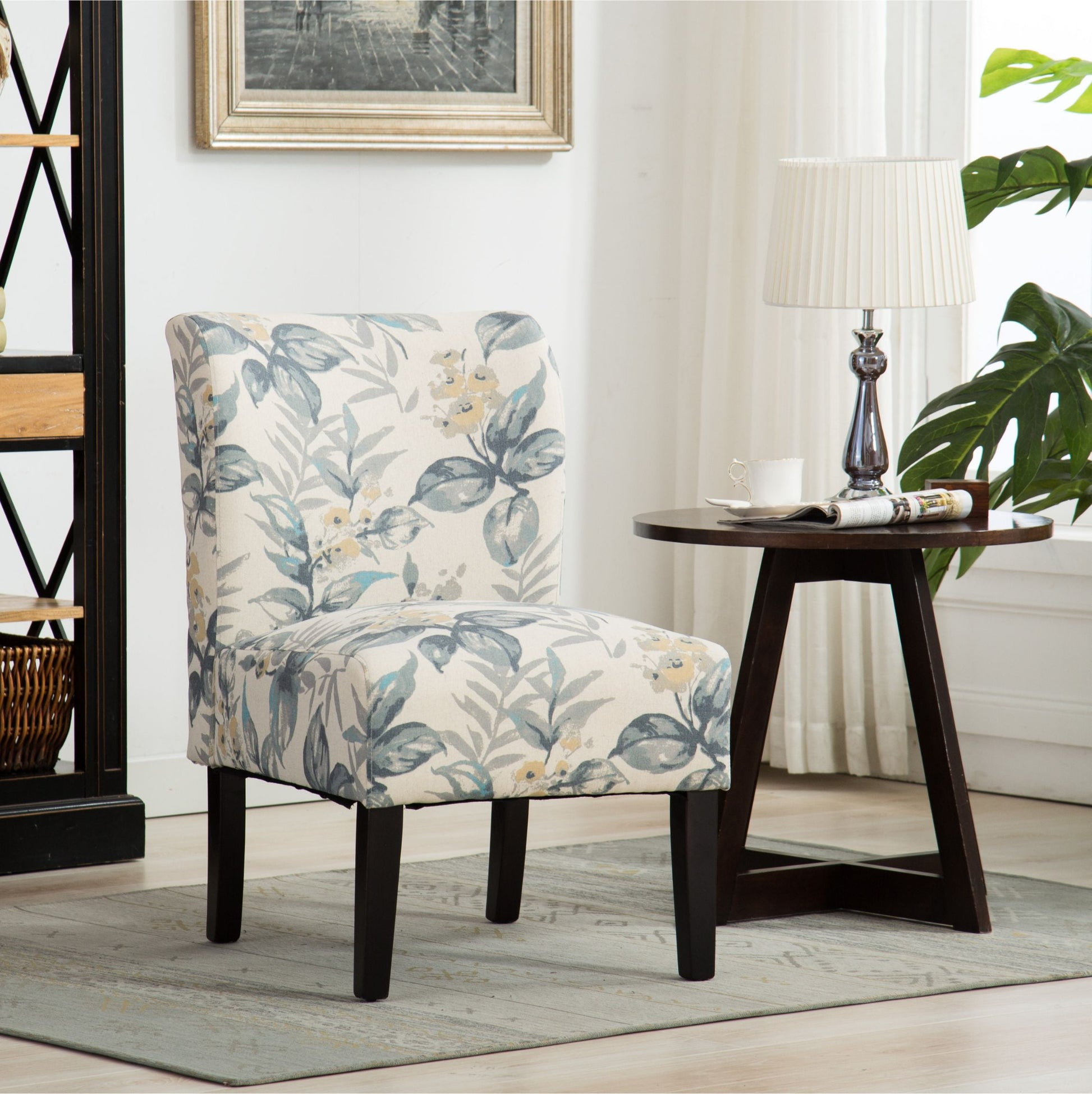 Roundhill Furniture Capa Print Fabric Armless Contemporary Accent Chair in Blue Leaves