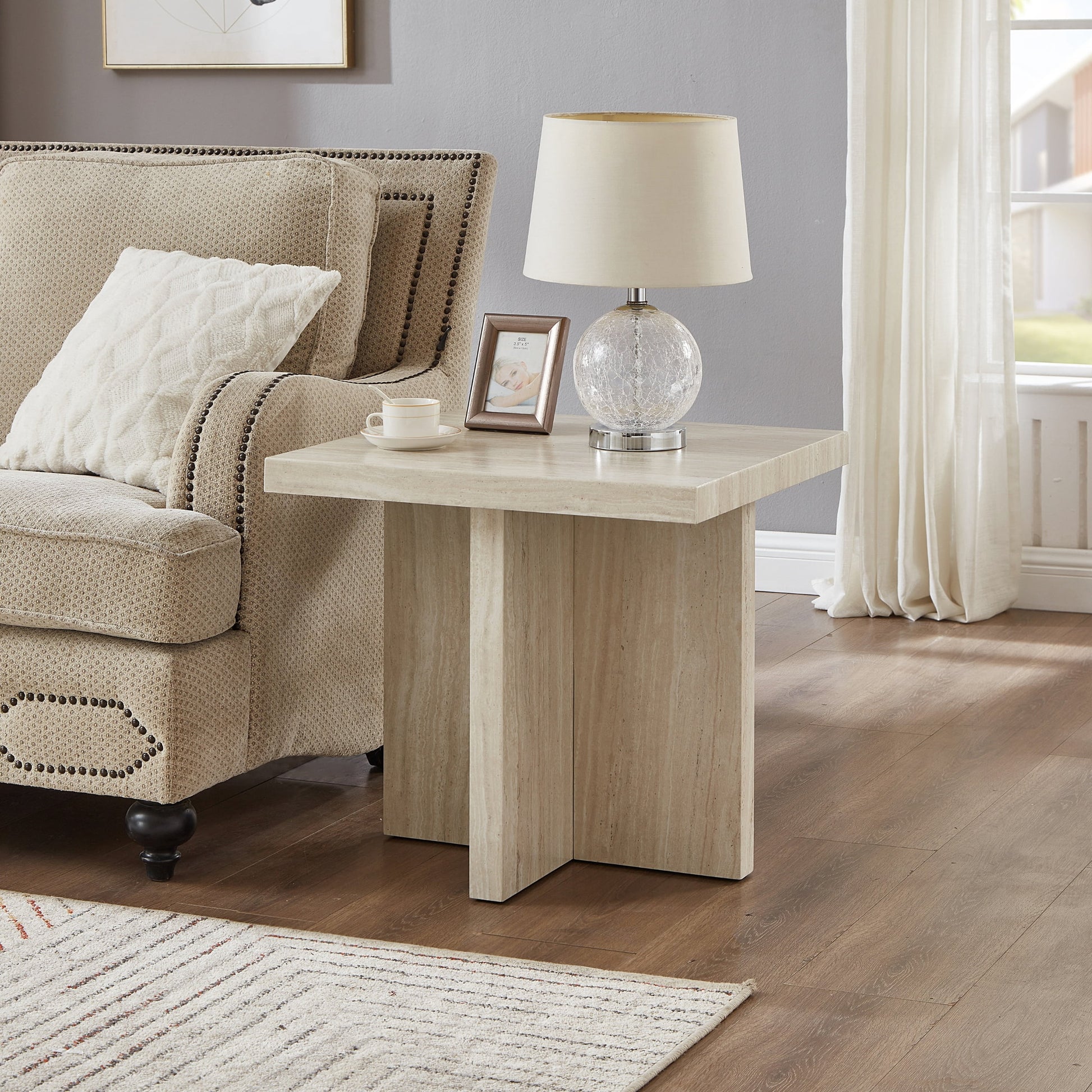 Roundhill Furniture Cavira Modern Faux Marble Living Room Side Table, Beige