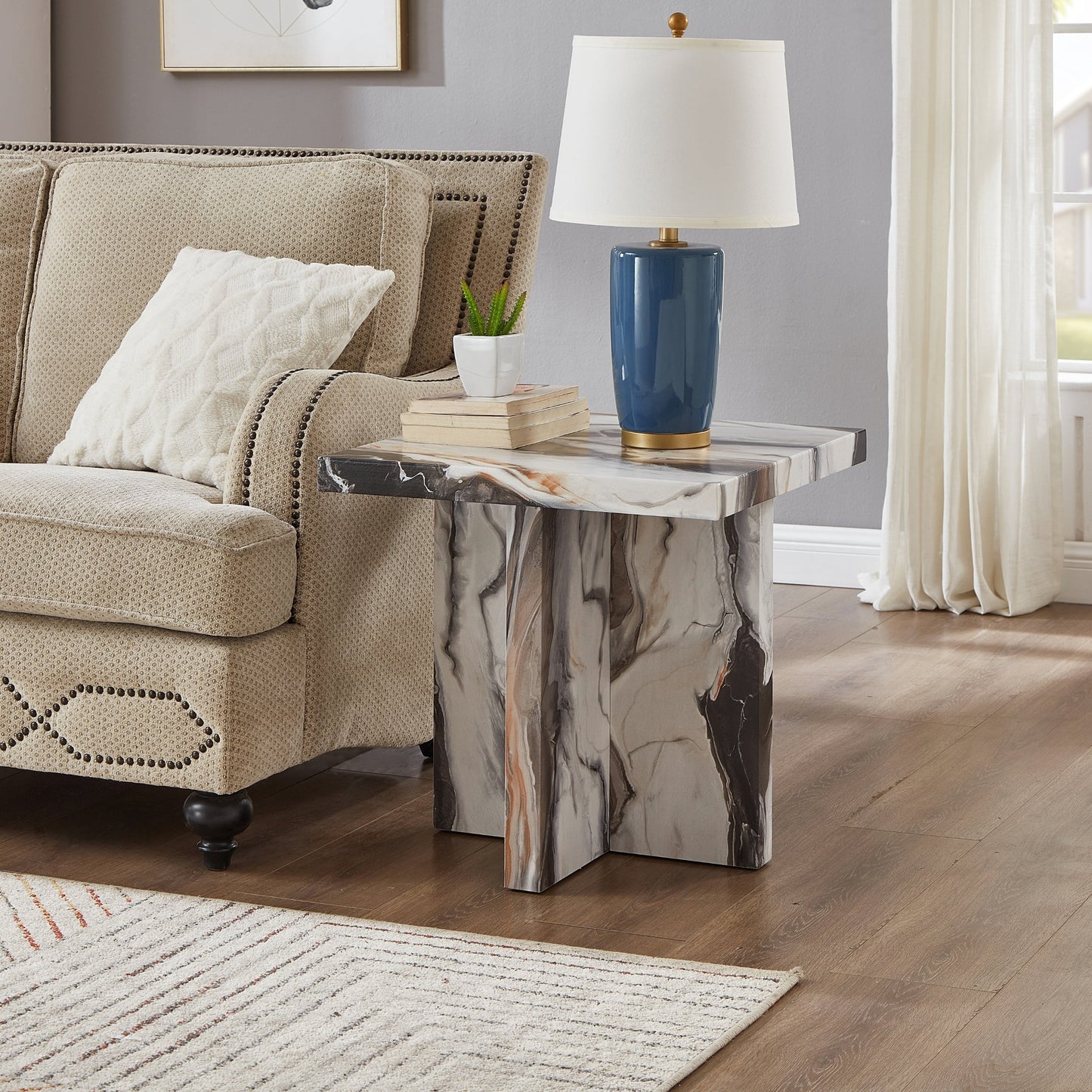 Roundhill Furniture Cavira Modern Faux Marble Living Room Side Table, Off-white