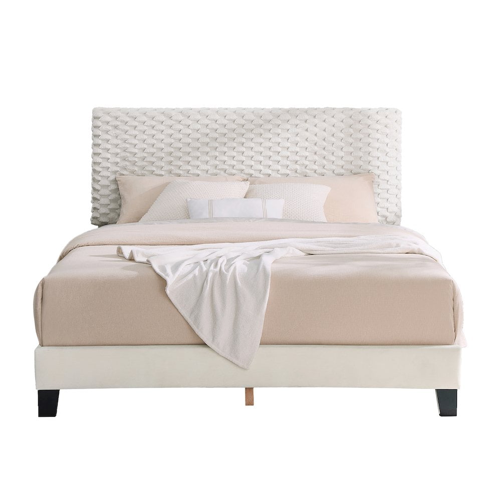 Roundhill Furniture Findlay Plush 3D Upholstered Platform Bed in White Dove, Queen