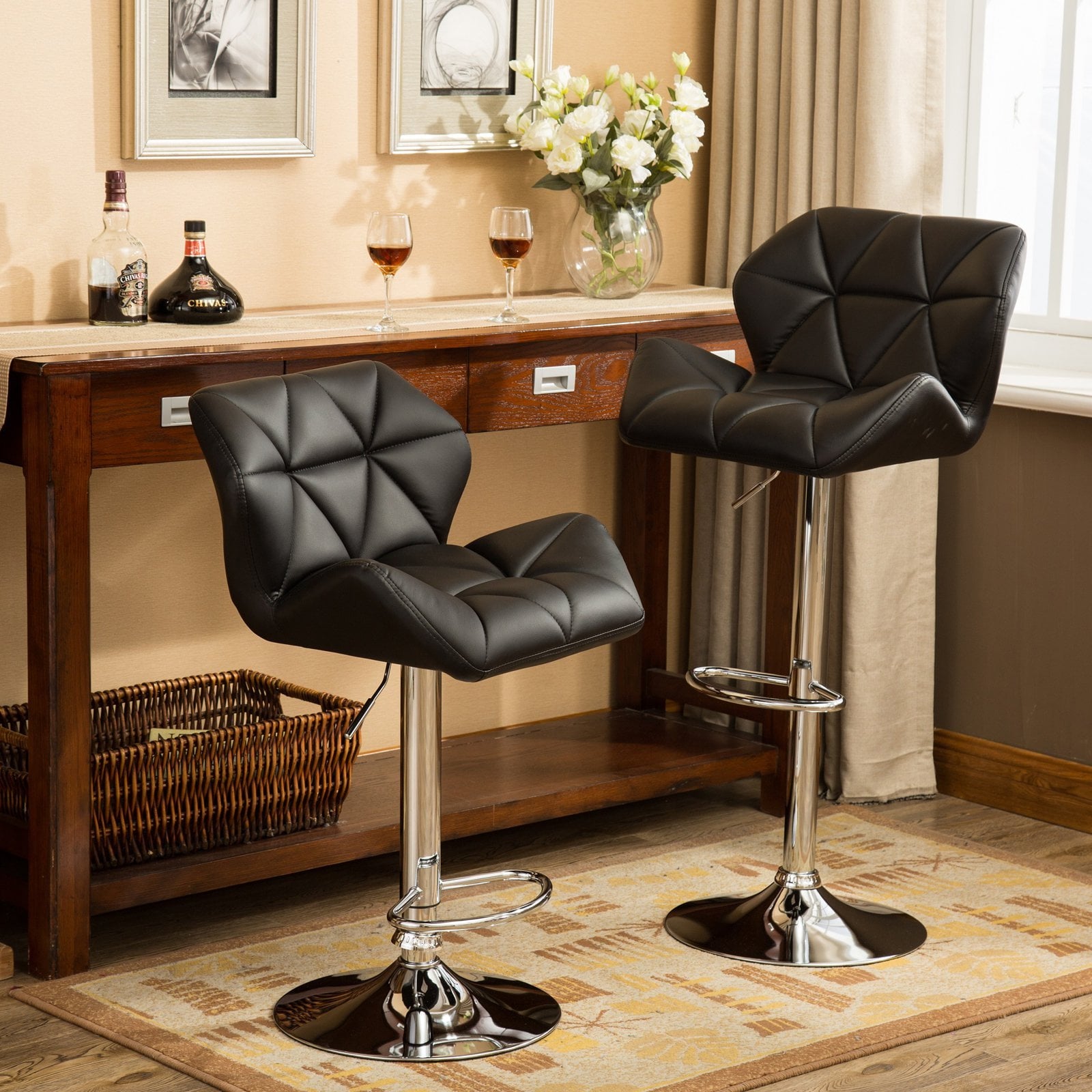 Roundhill Furniture Glasgow Contemporary Tufted Adjustable Height Hydraulic Bar Stools, Set of 2, Black