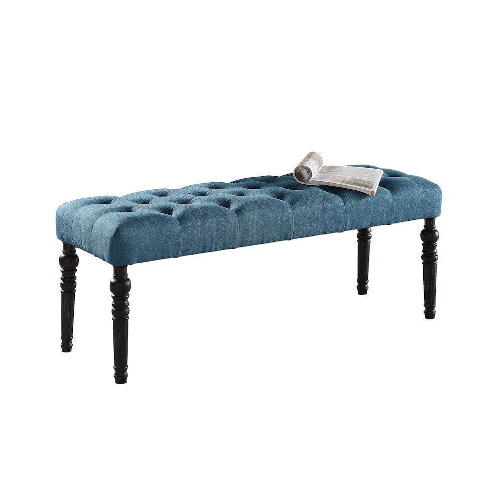 Roundhill Furniture Leviton Fabric Tufted Turned Leg Dining Bench in Blue