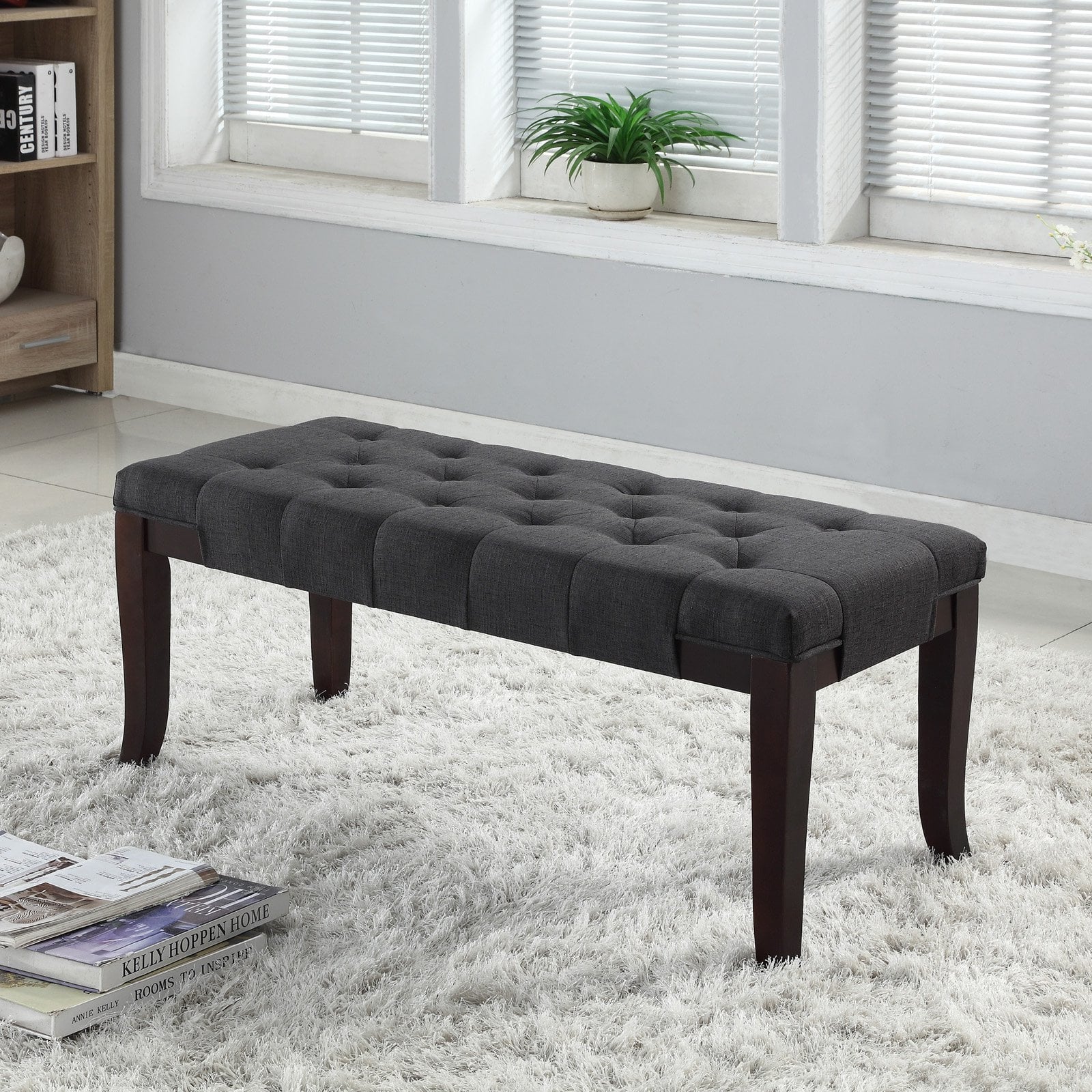 Roundhill Furniture Linon Fabric Tufted Bench, Gray