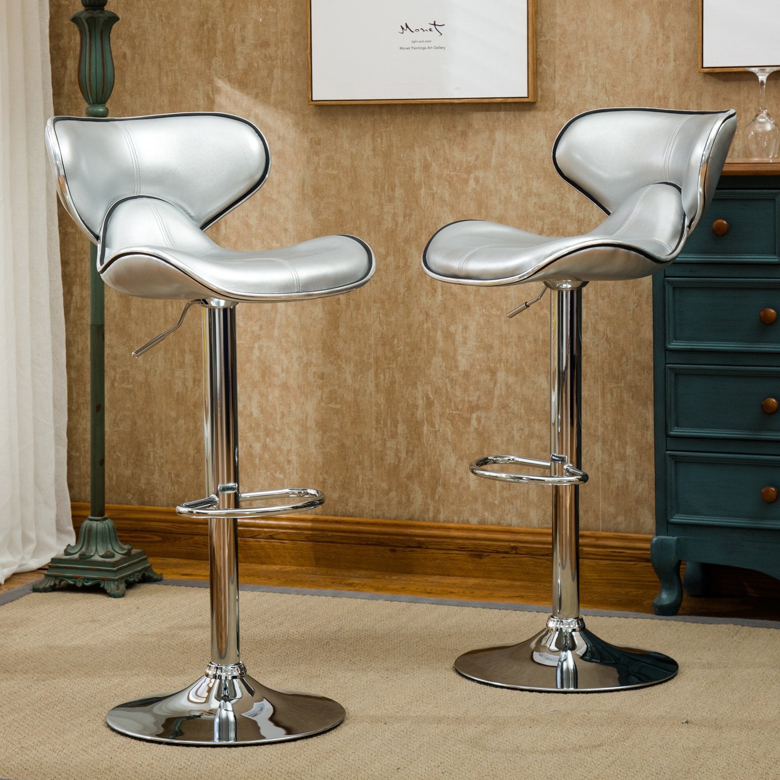 Roundhill Furniture Masaccio Cushioned Leatherette Upholstery Airlift Adjustable Swivel Barstool with Chrome Base Set of 2, Blue