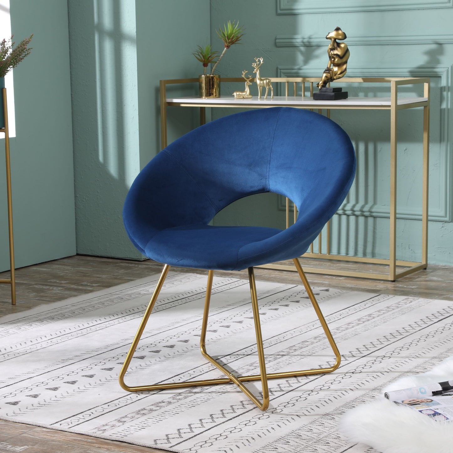 Roundhill Furniture Slatina Velvet Upholstered Accent Chair in Gold Tone/Blue