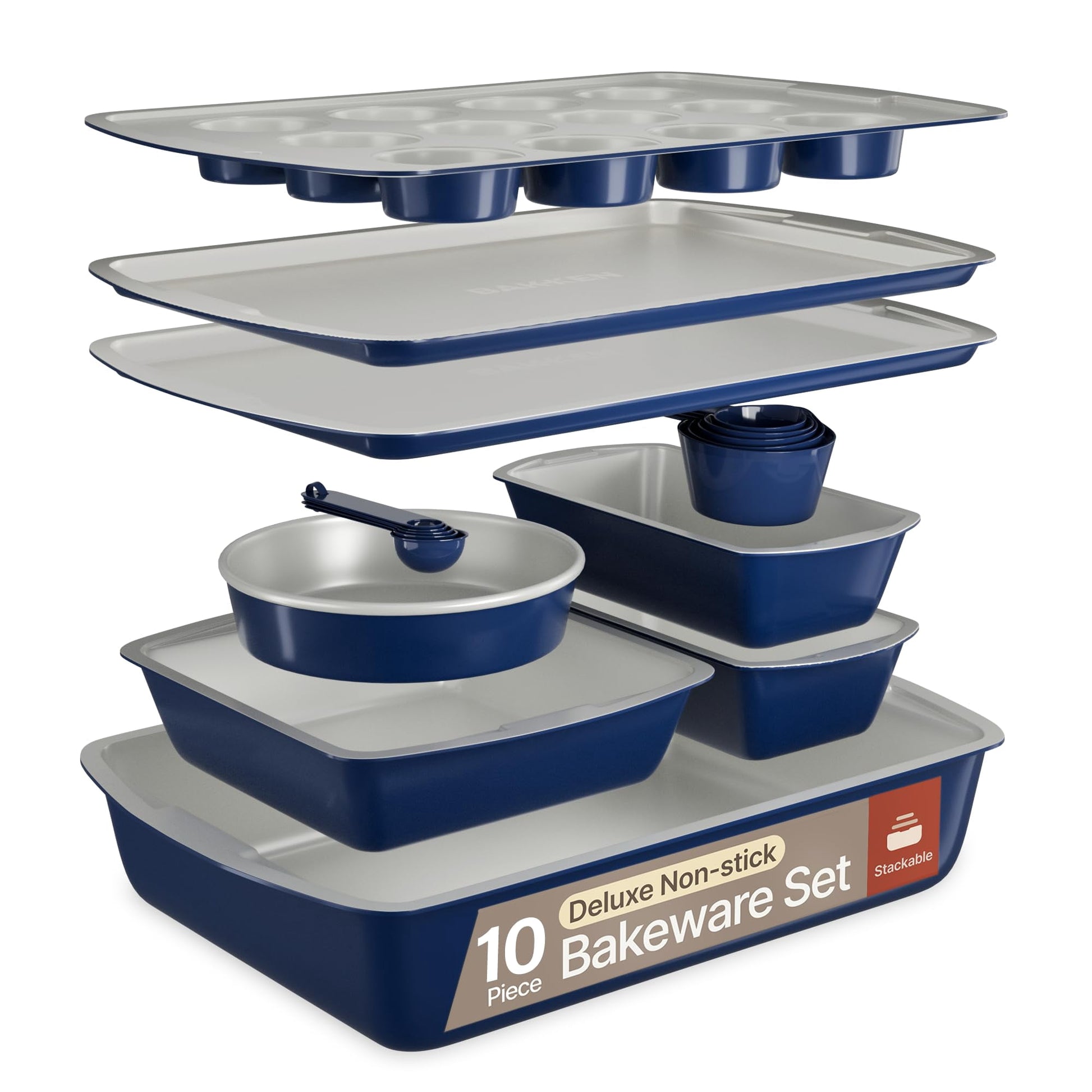 Bakken- Swiss 10-Piece Bakeware Sets, Nonstick Carbon Steel Baking Sheet & Pans, Stackable Space-Saving Bakeware, Stain-resistant, Oven Safe (up to 450Â°F), Royal Blue