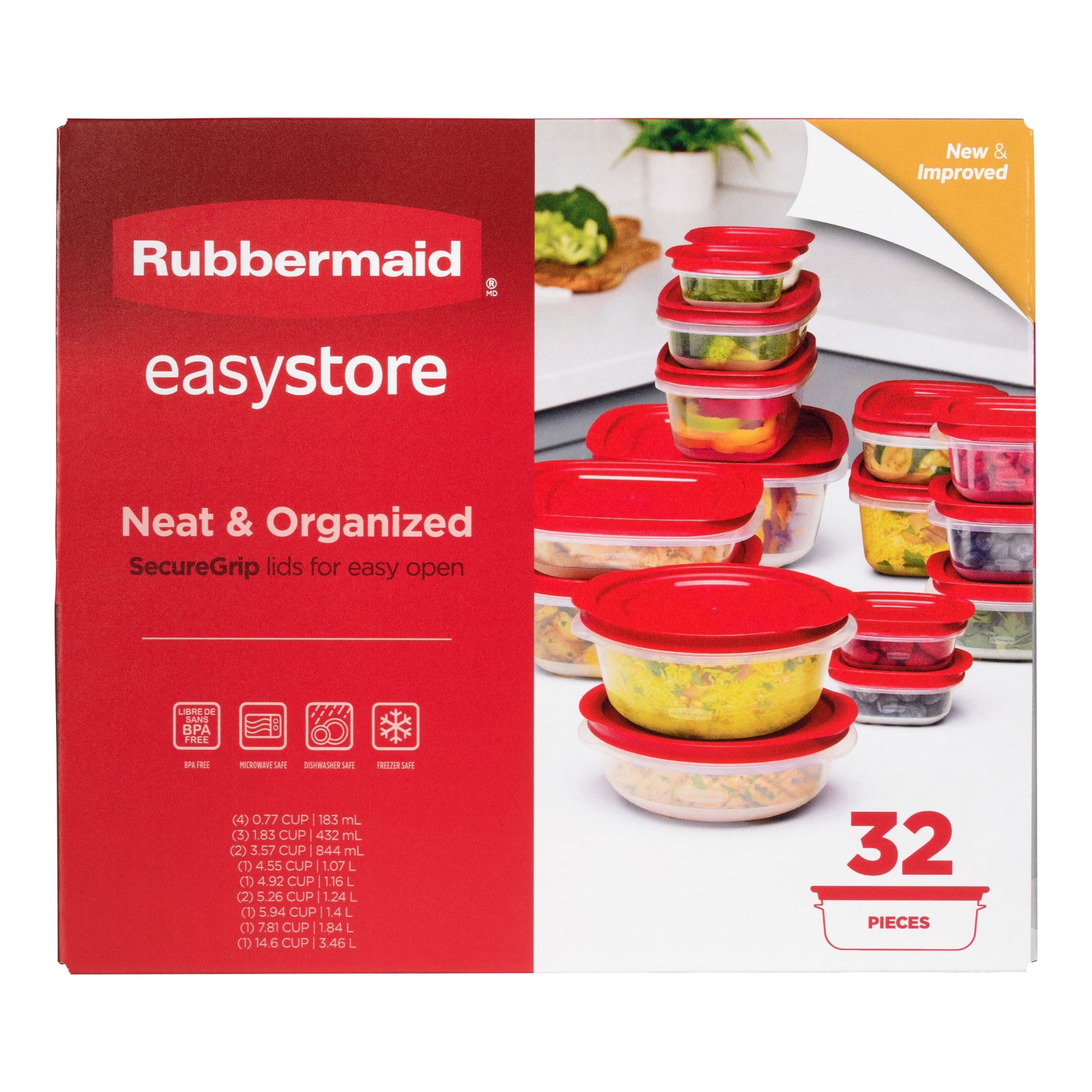 Rubbermaid EasyStore Recipientes Rectangulares, Cuadrados y Redondos, Juego de 32 Piezas, Contenedores para Almacenamiento de Alimentos, Contenedores para Almacenamiento de Alimentos con Tapas, Hecho para Comidas Familiares y Servicio FÃ¡cil