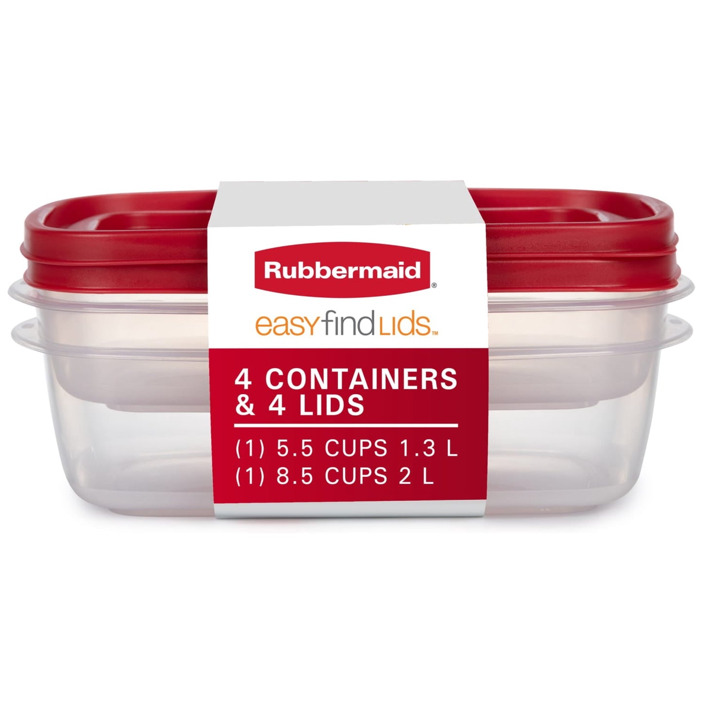 (Paquete de 2) Contenedor de Almacenamiento de Alimentos Rubbermaid EasyFindLids, Paquete EconÃ³mico con Tapas, 1 Taza de 8.5 (2.0 Litros), 1 Taza de 5.5 (1.3 Litros)