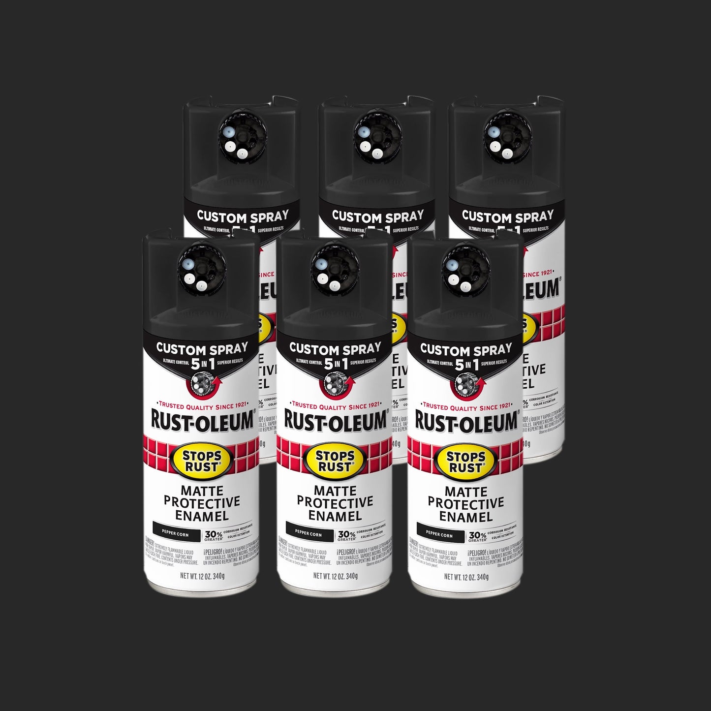 6 Pack, Rust-Oleum Stops Rust Custom Spray 5-in-1 Matte Peppercorn Spray Paint-393370, 12 oz