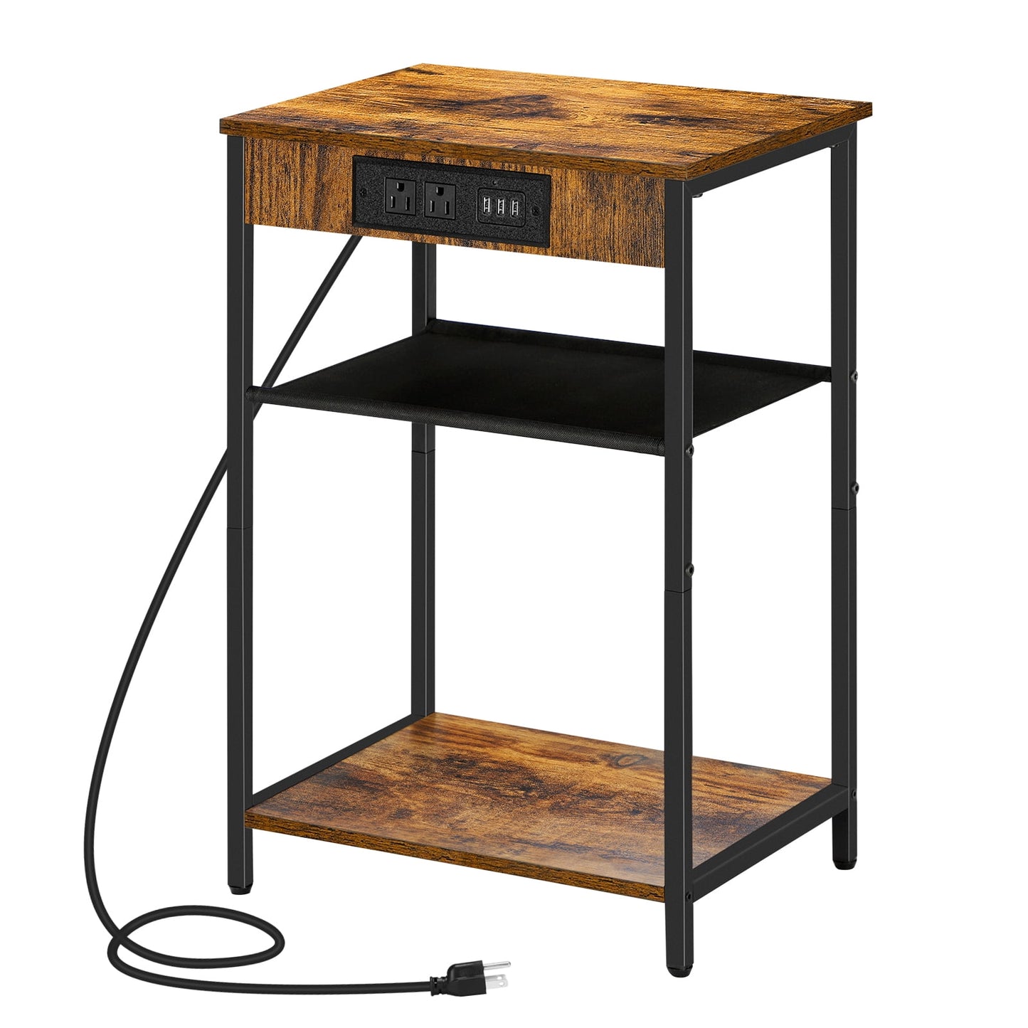 Rustic Brown 3-Tier End Table with Charging Station, Industrial Nightstand with USB Ports and Outlets for Living Room Bedroom