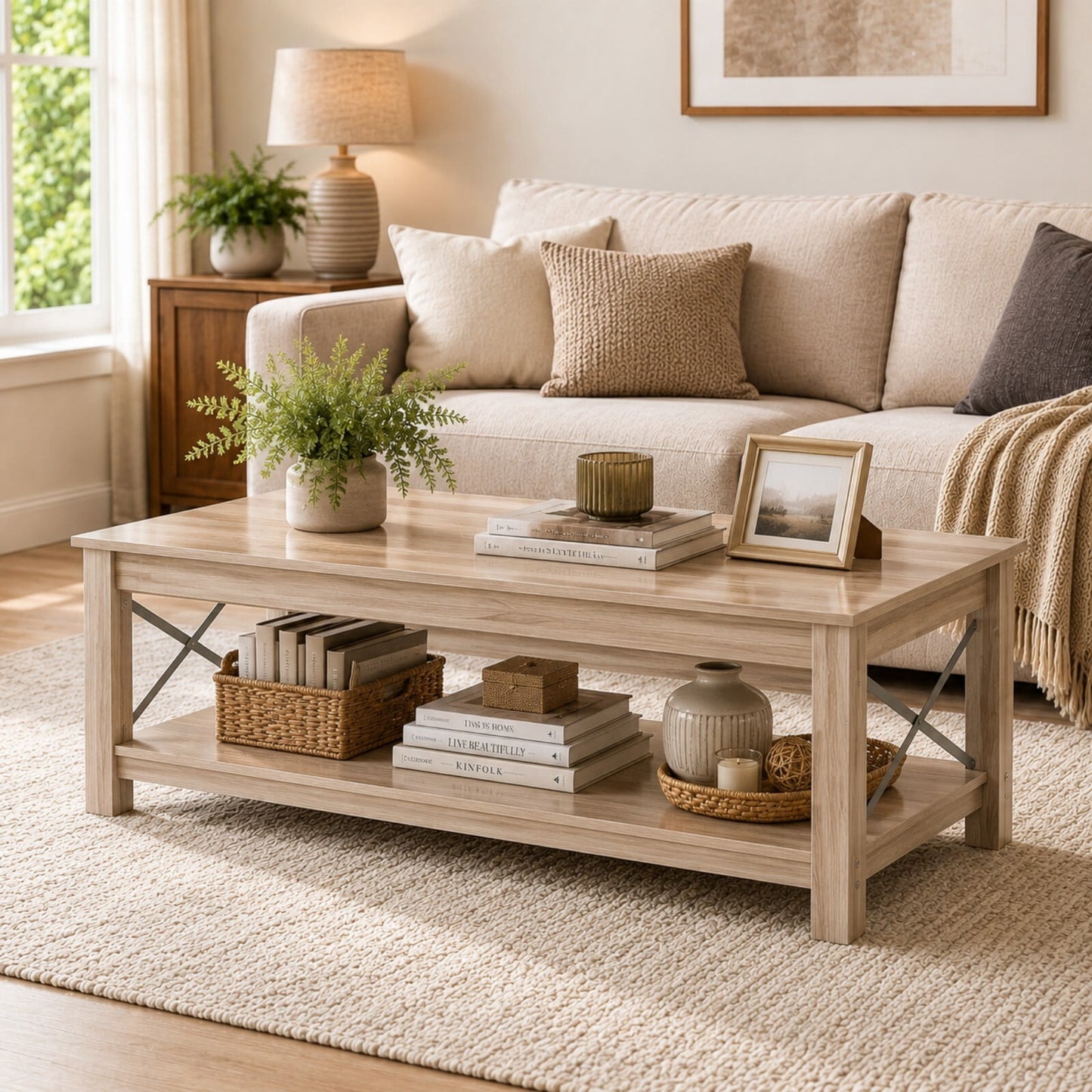 Cenovo Rectangular 2-Tier Coffee Table with Open Storage Shelf Modern Farmhouse Center Table for Living Room,Gray Wash