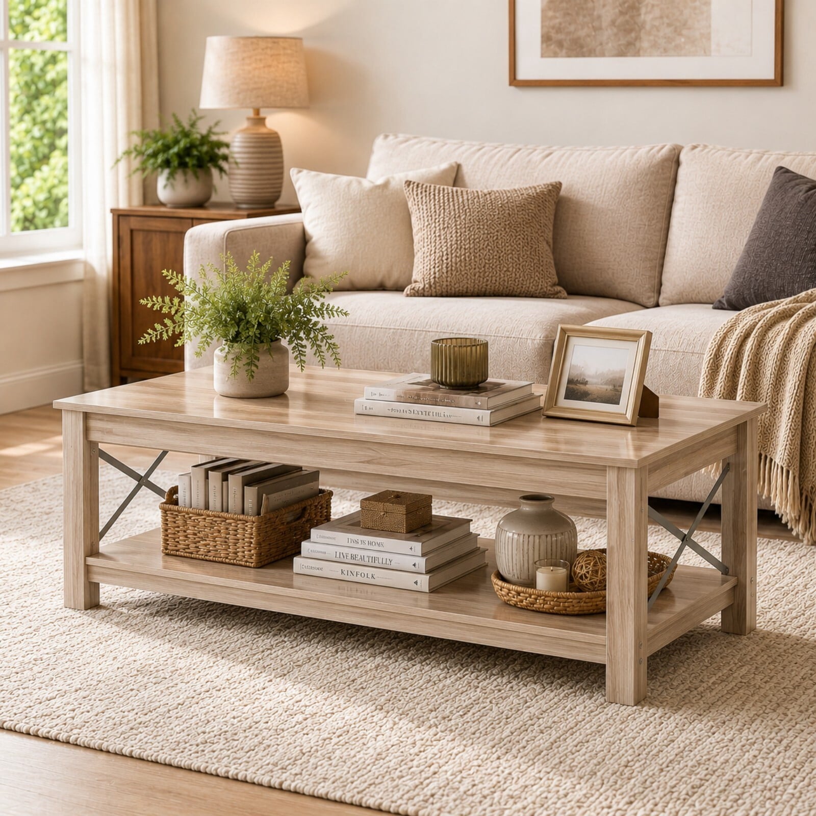 Cenovo Rectangular 2-Tier Coffee Table with Open Storage Shelf Modern Farmhouse Center Table for Living Room,Gray Wash