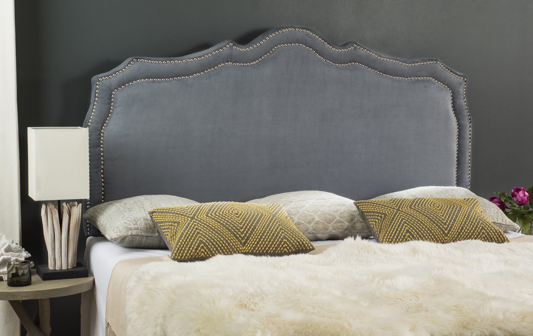SAFAVIEH Skyler Retro Arched Upholstered Headboard with Nail Heads, Queen, Grey