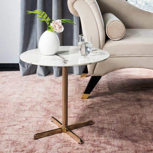 SAFAVIEH Winnie Round Modern Glam Side Table, White Marble/Chrome