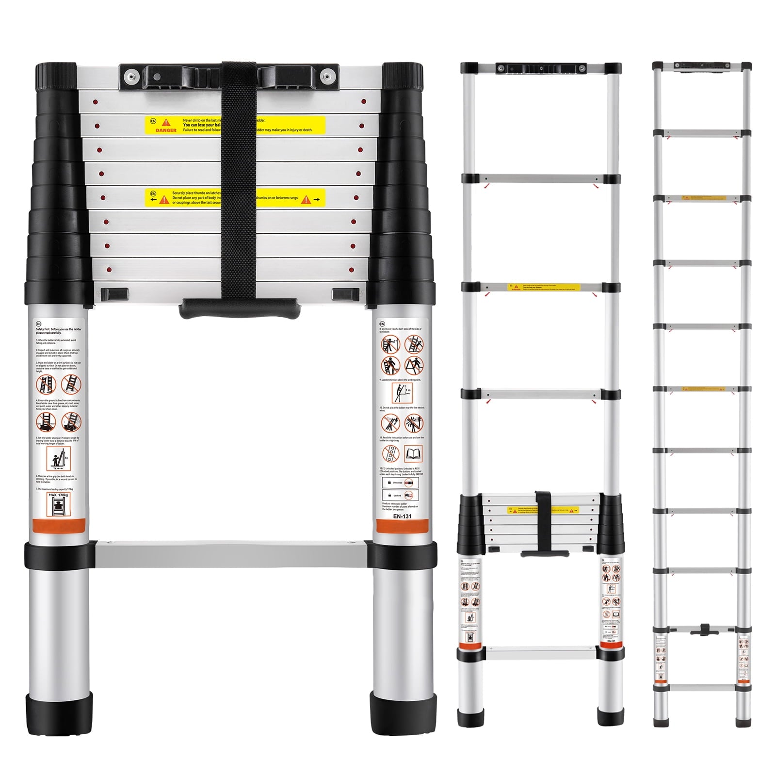 KFFKFF 10.5FT Telescoping Ladder 375lbs Load Capacity Aluminum Telescopic Extension Ladder, Multi-purpose Collapsible Ladder for RV, Home or Outdoor Work