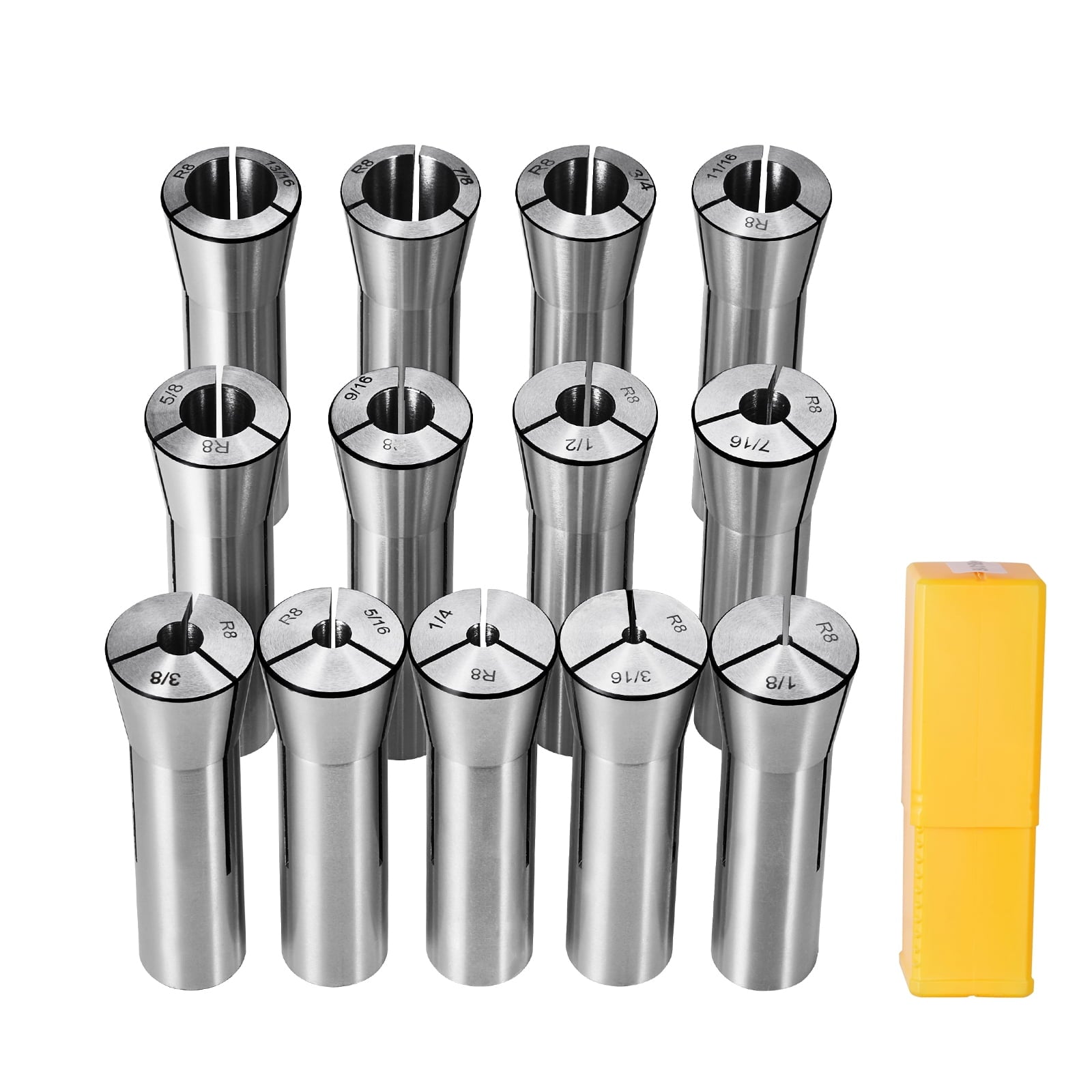 SKYSHALO 13-Piece R8 Collet Set, Sizes 1/8'' to 7/8'', Crafted from 45# Steel, Precision within 0.0012''/30Î¼m TIR, Includes Labeled Storage Cases, Suitable for Milling Machines, Drill Presses