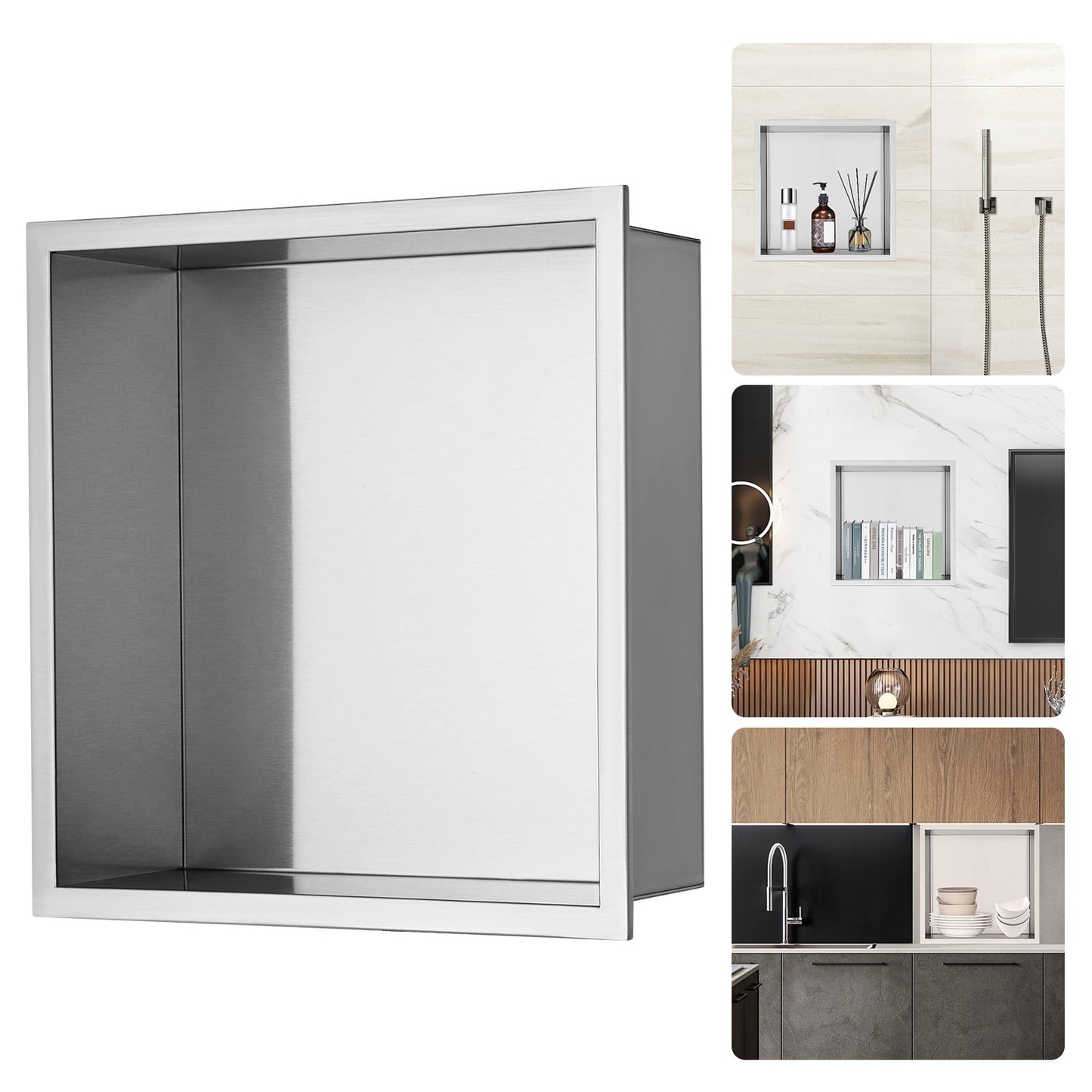 SKYSHALO 304 Stainless Steel, Shower Niche Waterproof 304 Stainless Steel Wall Insertion with Double Recessed Shelves 13"x13"