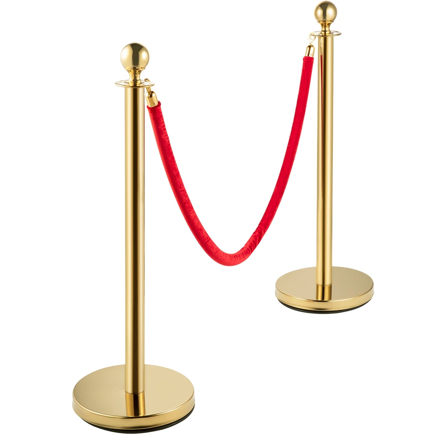 SKYSHALO 4Pcs Stainless Steel Stanchion Posts 2 Red Velvet Ropes Gold 38In Crowd Control Barrier with 5FT Rope for Theaters, Party, Wedding, Exhibition, Ticket Offices, Crowd Control