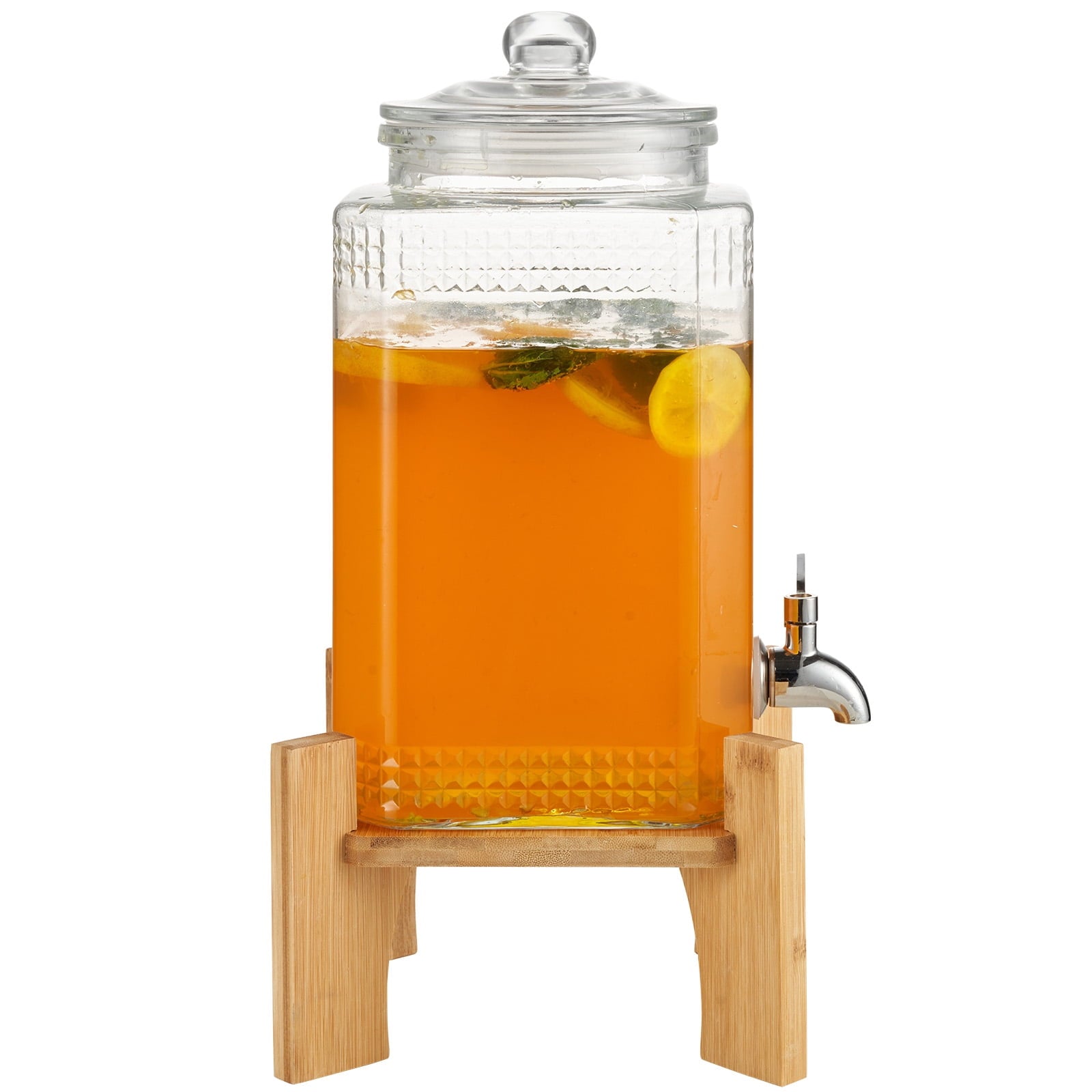 KFFKFF Beverage Server, 1 Gallon CapacityGlass Drink Holder with Base, Durable Stainless Steel Tap, Suitable for Iced Tea, Lemonade, Water, for Dining Establishments and Events