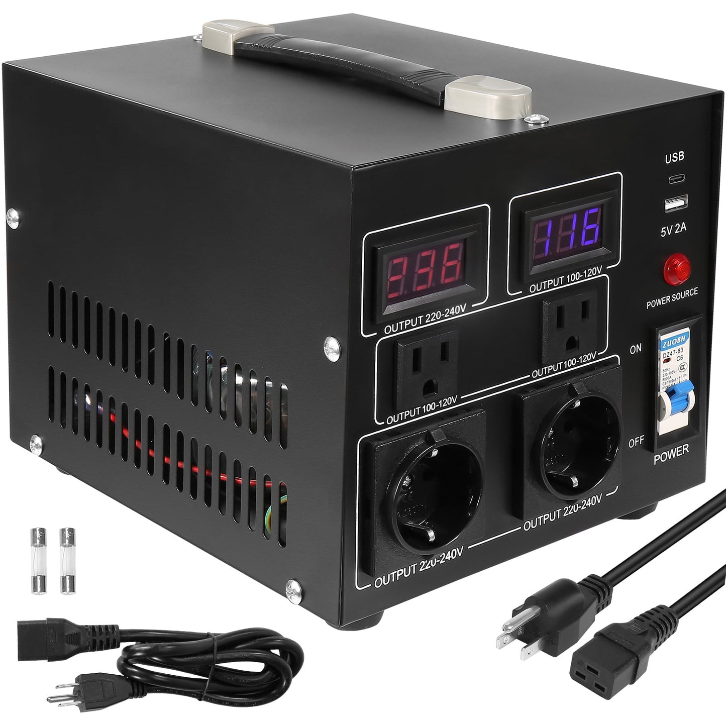 SKYSHALO Power Converter, 2000W, Durable Step Up/Down Unit, Switches between 110V and 220V, Includes US and EU Outlets plus 5V USB Port, CE Approved