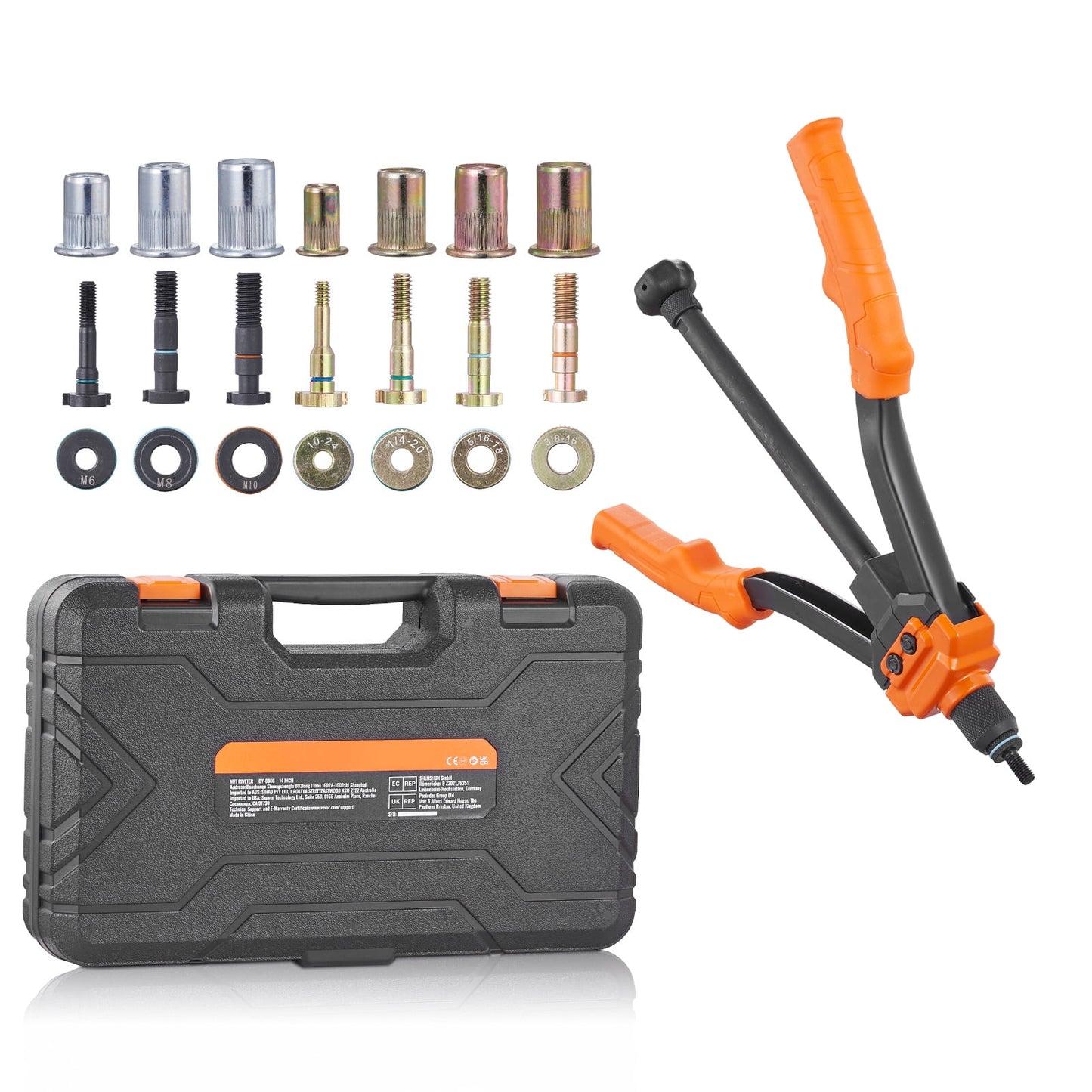 SKYSHALO Professional Rivet Nut Tool, 14â€ Rivnut Tool Kit with 7 PCS Metric and SAE Mandrels, 70 PCS Assorted Rivet Nuts, 10-24, 1/4-20, M6, 5/16-18, M8, 3/8-16, M10, With Rugged Carrying Case
