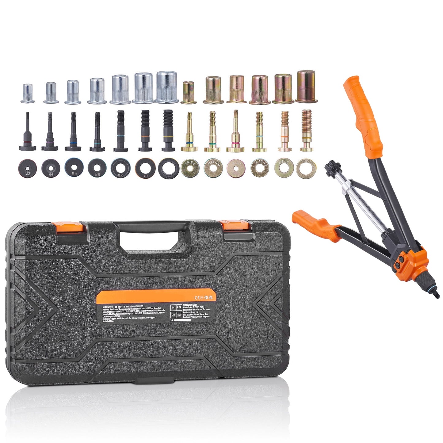 SKYSHALO Rivet Nut Tool, 16â€ Rivnut Tool Kit with 13PCS Metric and SAE Mandrels, 186PCS Rivet Nuts, M3, M4, M5, M6, M8, M10, M12, 1/4-20, 5/16-18, 3/8-16, 1/2-13, 8-32, 10-24, Semi-auto Retraction