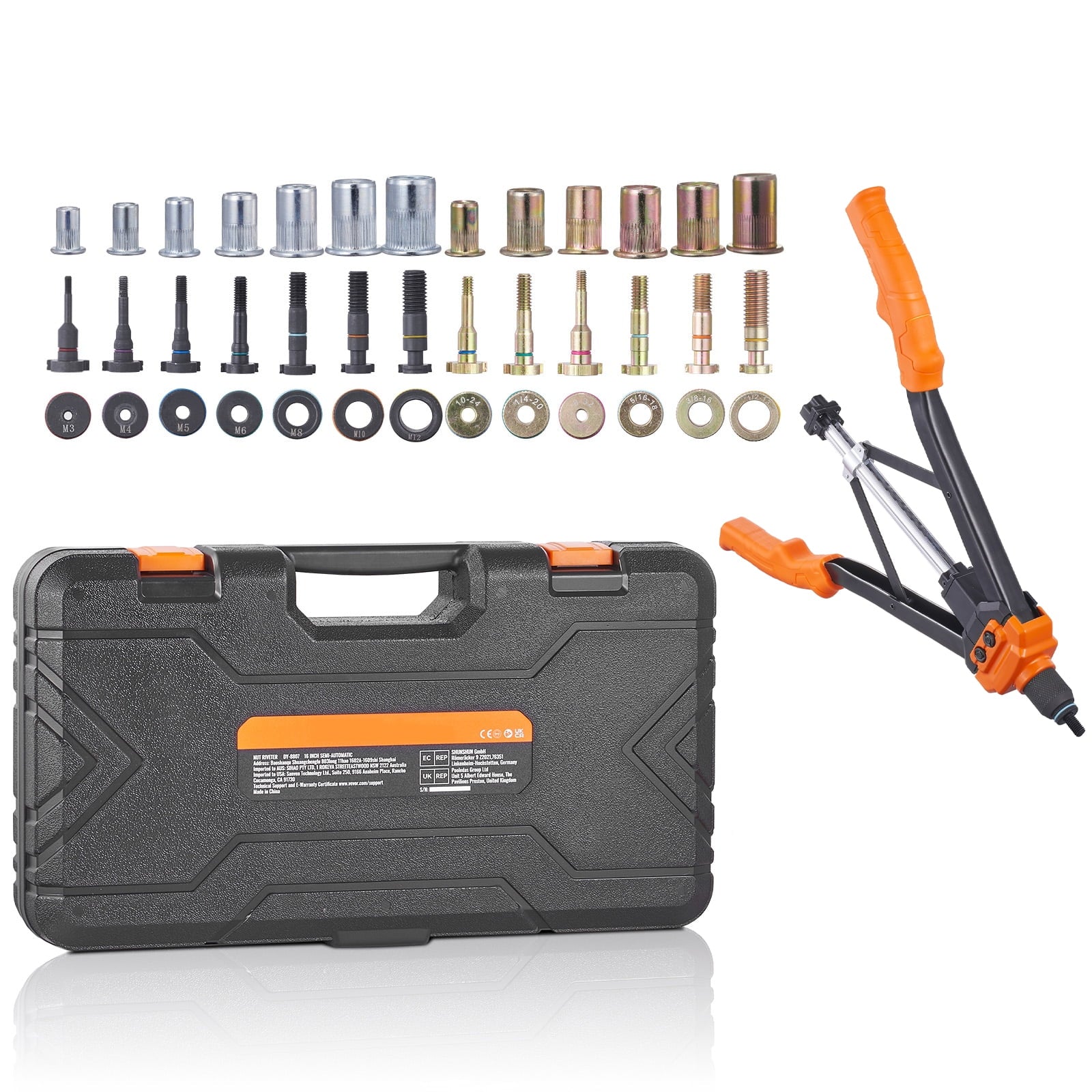 SKYSHALO Rivet Nut Tool, 16â€ Rivnut Tool Kit with 13PCS Metric and SAE Mandrels, 186PCS Rivet Nuts, M3, M4, M5, M6, M8, M10, M12, 1/4-20, 5/16-18, 3/8-16, 1/2-13, 8-32, 10-24, Semi-auto Retraction