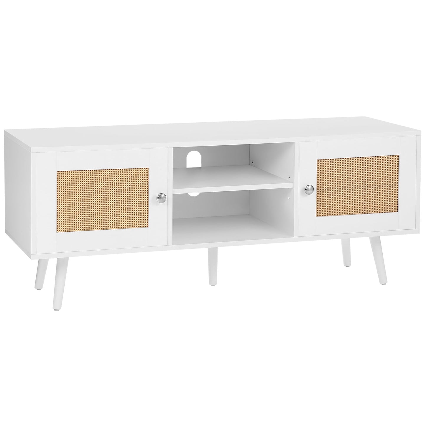 KFFKFF Wicker Television Stand, Bohemian Entertainment Center for 55" TVs, Contemporary Media Console with Flexible Shelving, Ideal for Living Spaces, Media Areas, in White