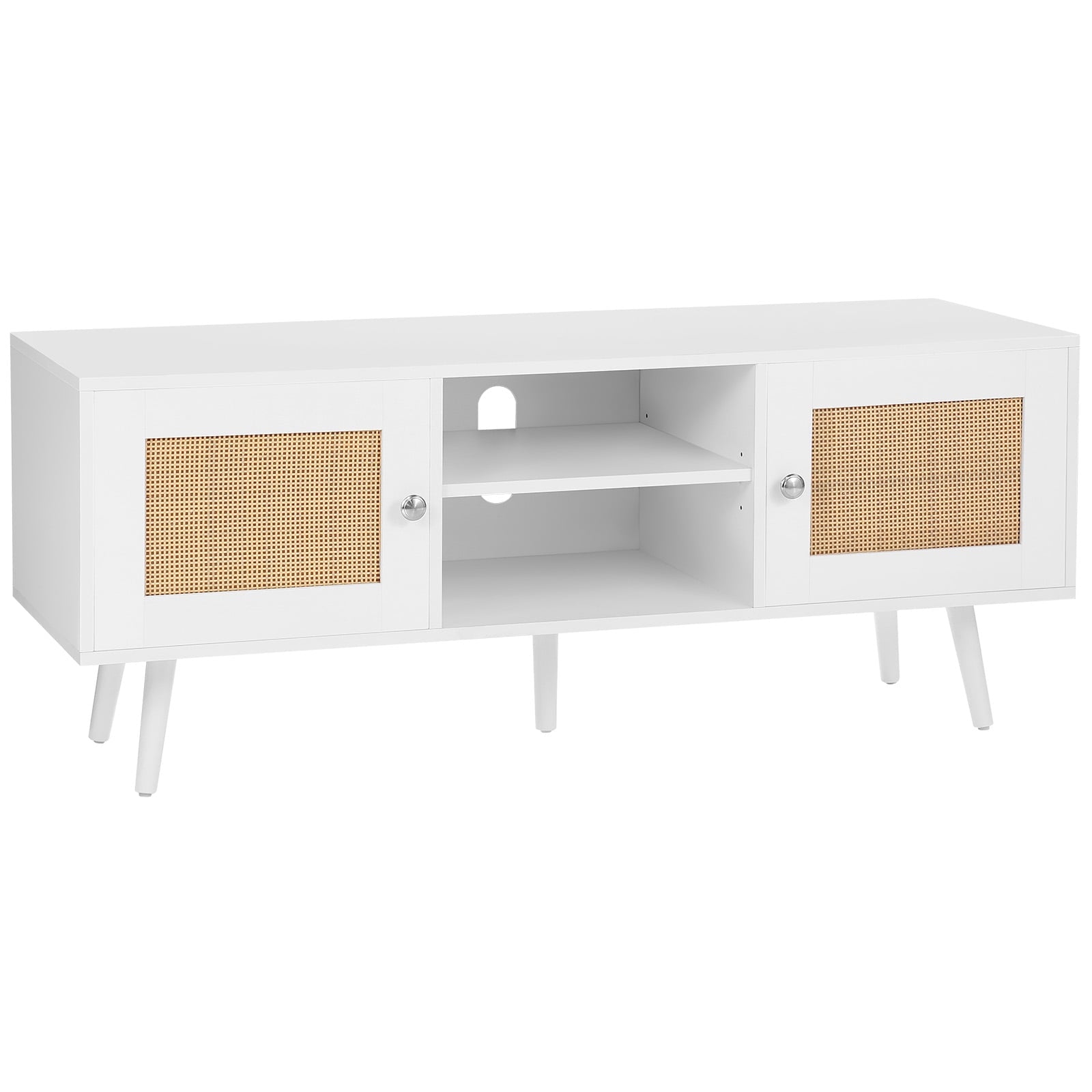 KFFKFF Wicker Television Stand, Bohemian Entertainment Center for 55" TVs, Contemporary Media Console with Flexible Shelving, Ideal for Living Spaces, Media Areas, in White