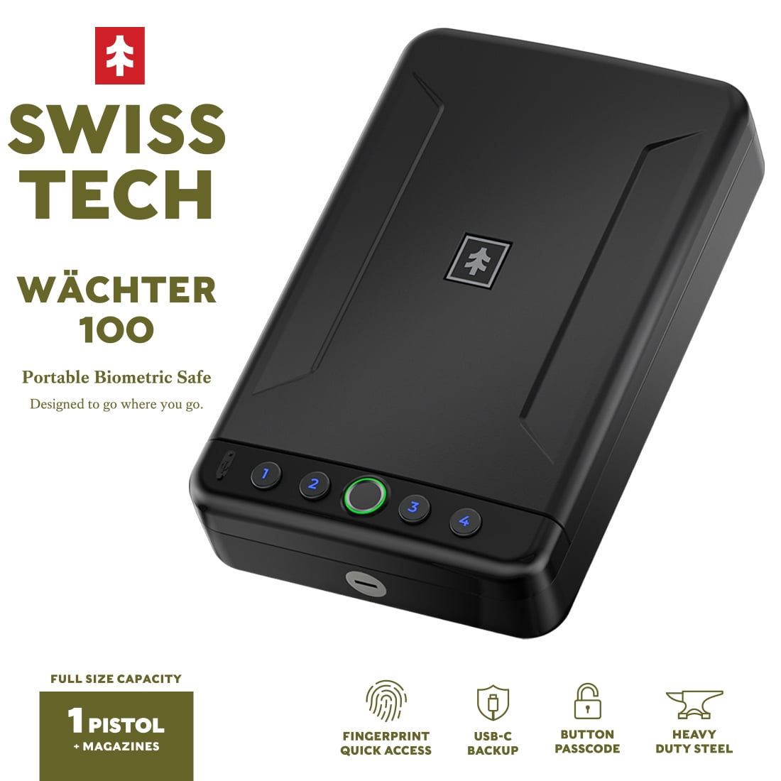 Swiss Tech WÃ¤chter 100 Portable Biometric Safe with Fingerprint, USB-C & Steel Cable