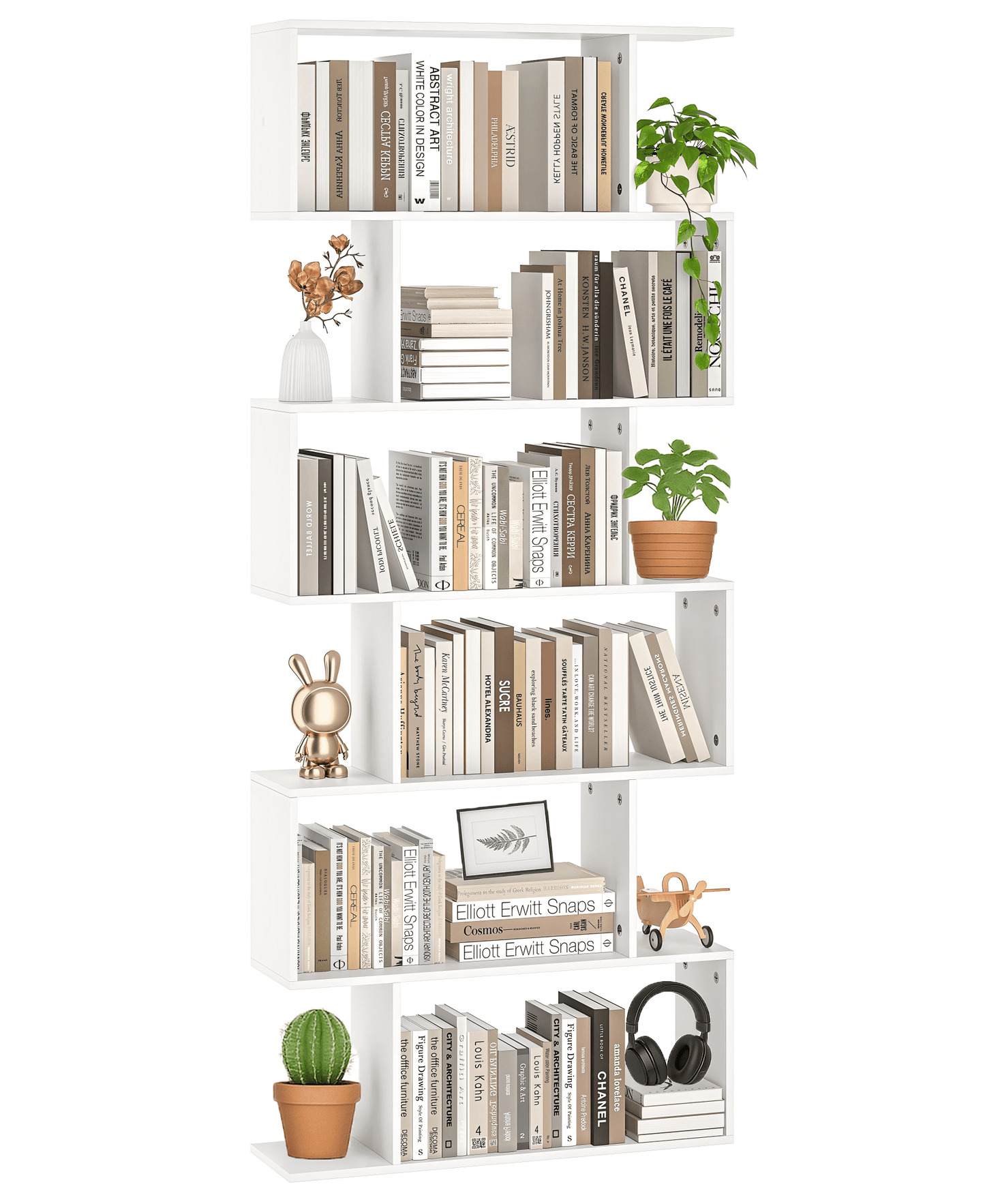 SUGIFT 6 Tier Geometric Bookcase, S Shaped Bookshelf for Bedroom, Decorative display shelves, Wood Storage Shelving, White