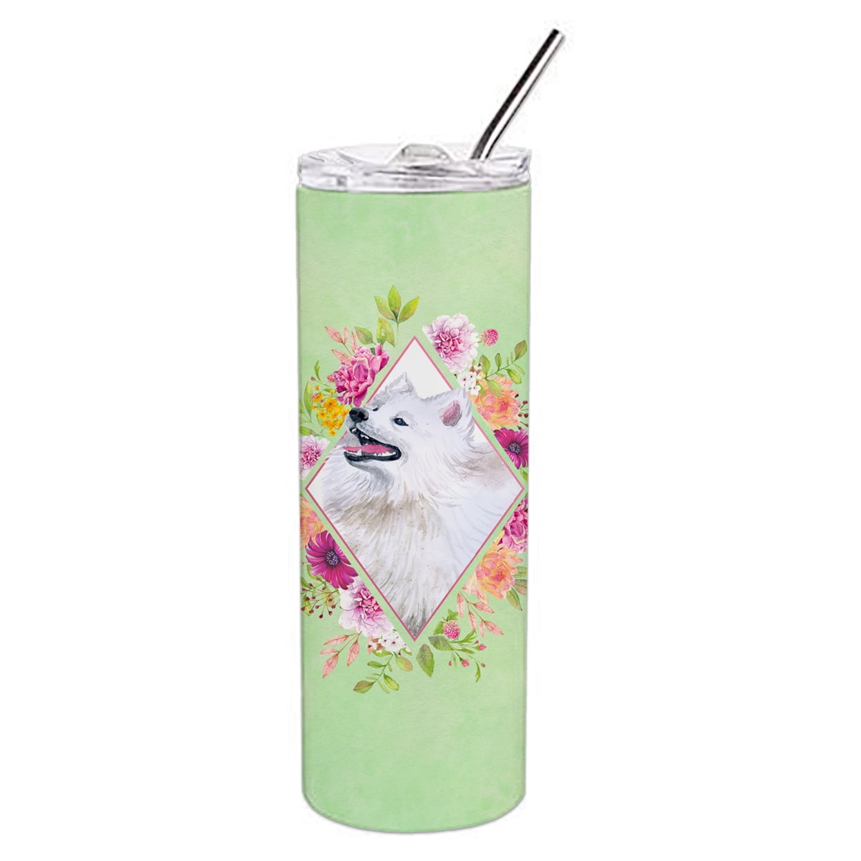 Samoyed Green Flowers Double Walled Stainless Steel 20 oz Skinny Tumbler