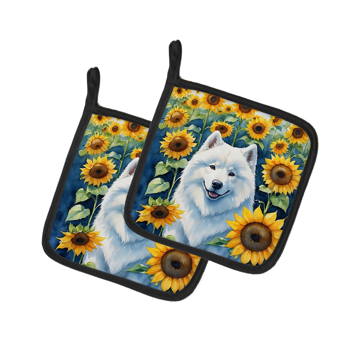 Samoyed in Sunflowers Pair of Pot Holders 7.5 in x 7.5 in