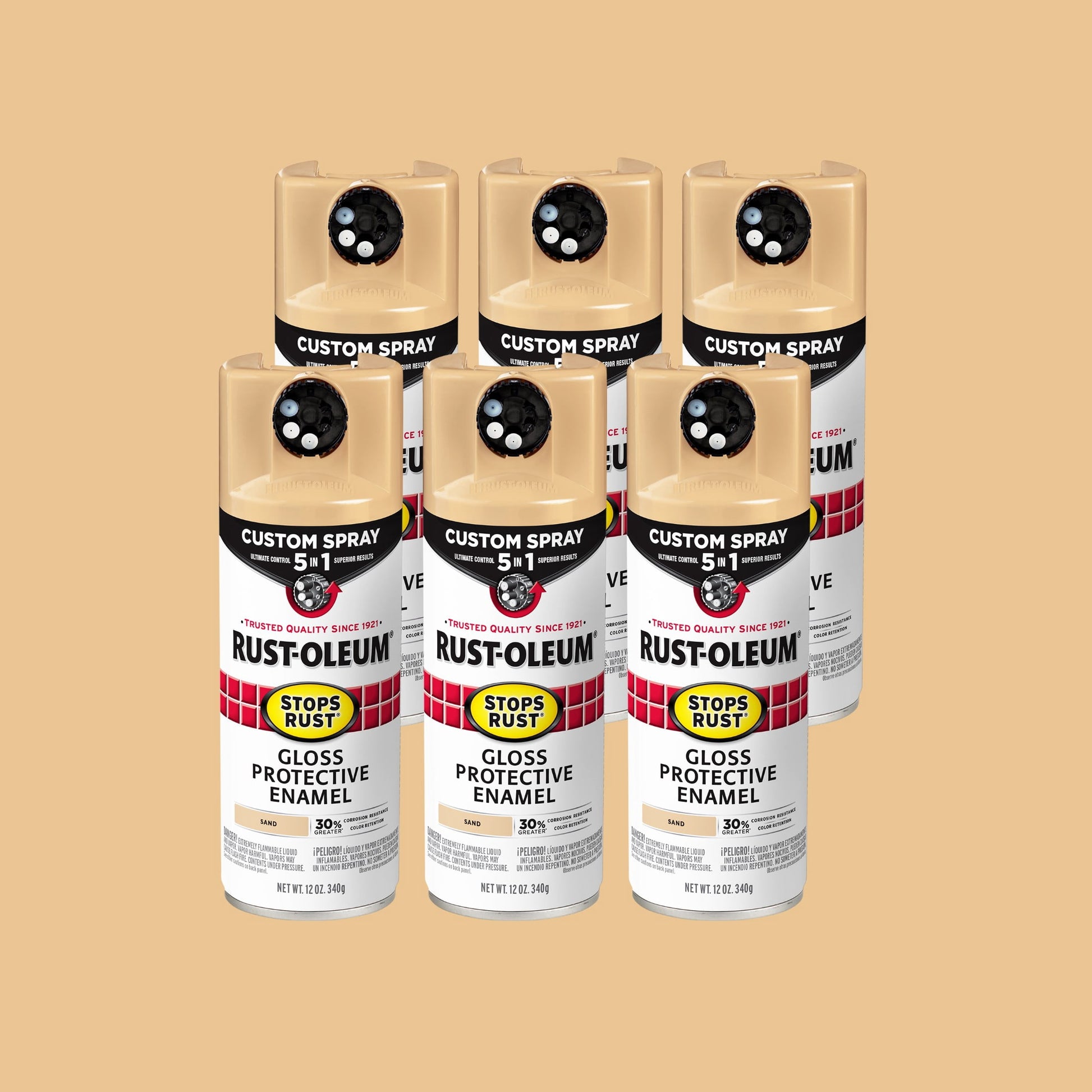 6 Pack, Sand, Rust-Oleum Stops Rust Custom Spray 5 in 1 Gloss Spray Paint-376905, 12 oz