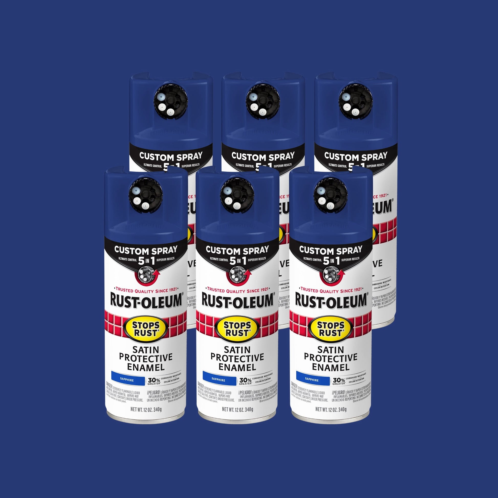 6 Pack, Sapphire, Rust-Oleum Stops Rust Custom Spray 5 in 1 Satin Spray Paint-376881, 12 oz