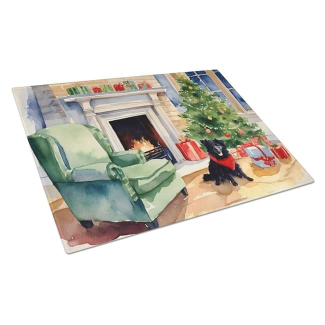 Schipperke Cozy Christmas Glass Cutting Board Large 12 in x 15 in