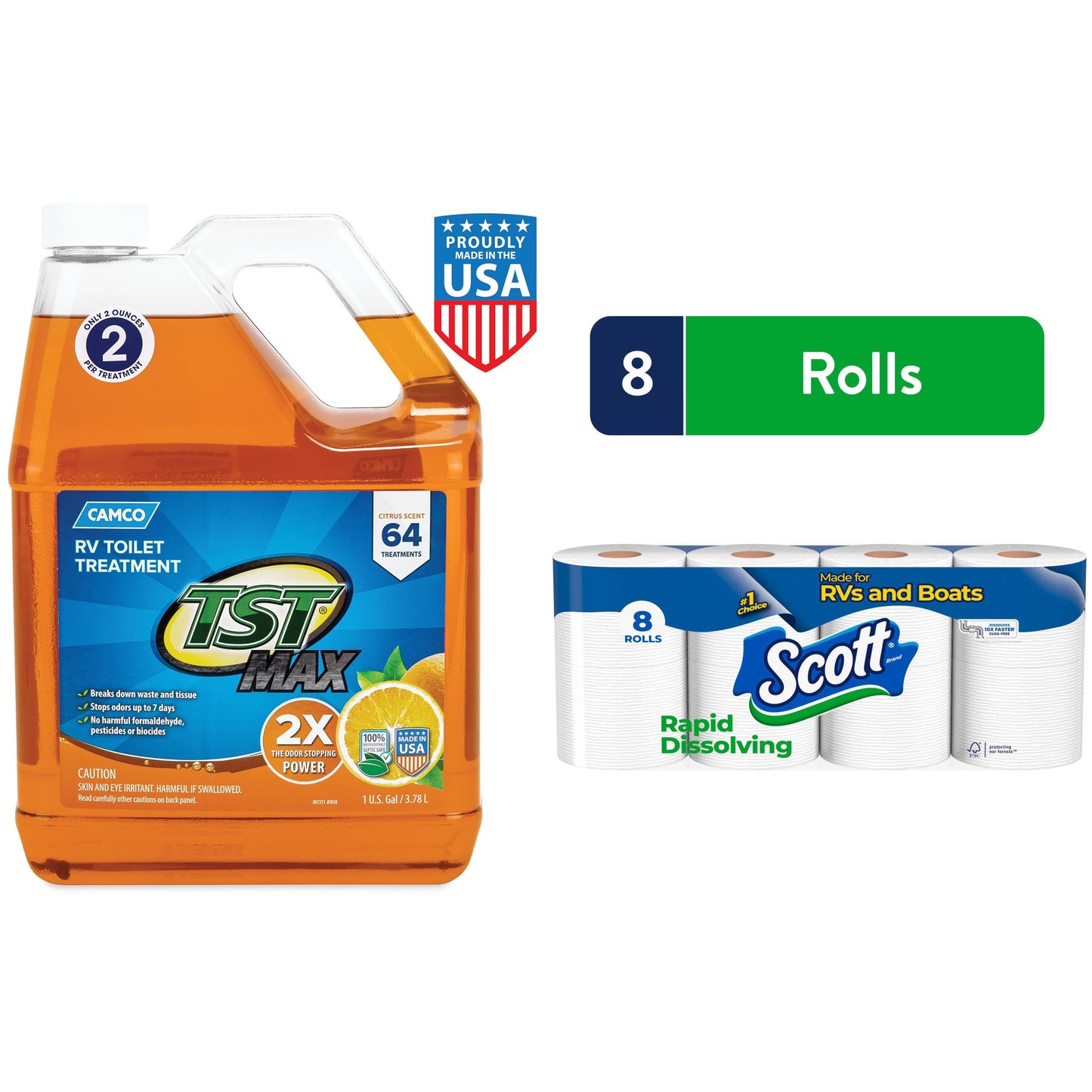 Scott Rapid-Dissolving Toilet Paper (8 Double Rolls) + Camco TST MAX RV Toilet Treatment, Orange (1 Gallon)
