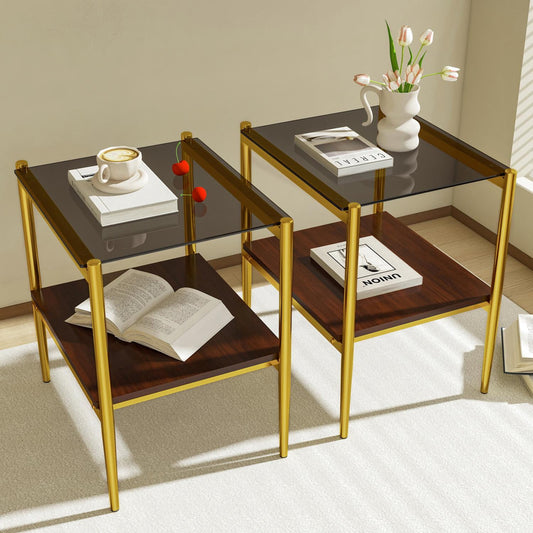 Set of 2 End Tables, Nightstand with Tempered Glass Tabletop, Compact Side Table with MDF Storage Shelf and Sturdy Iron Legs, Easy Assembly for Bedroom or Living Room, Gray Glass Finish
