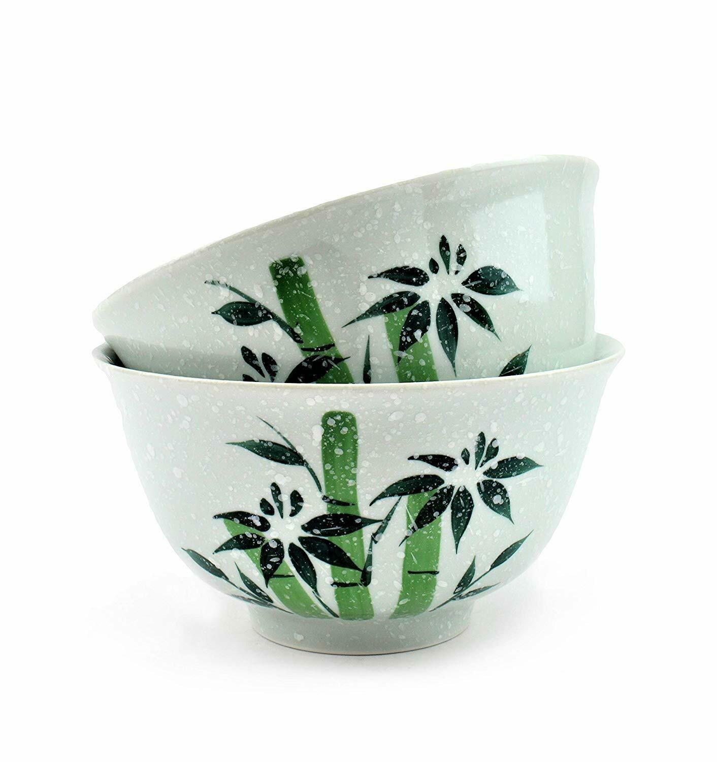 [Set of 2] Porcelain Japanese Bowls Hand-Painted Green Bamboo for Ramen Noodle F15746