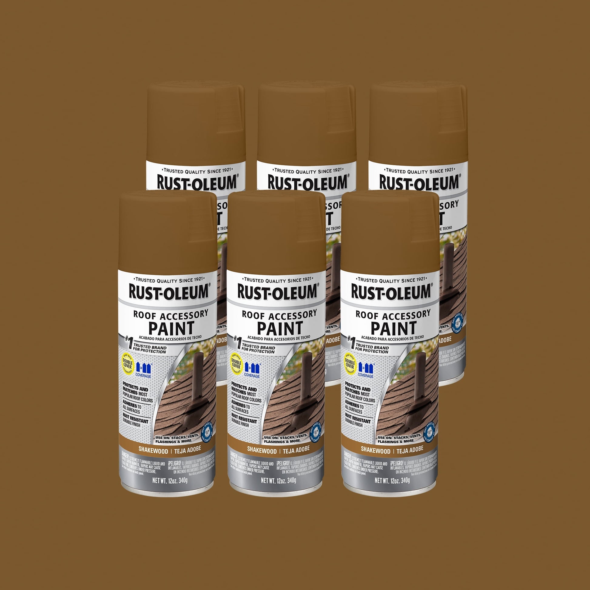 6 Pack, Shakewood, Rust-Oleum Stops Rust Flat Roof Accessory Spray Paint- 285225, 12 oz.