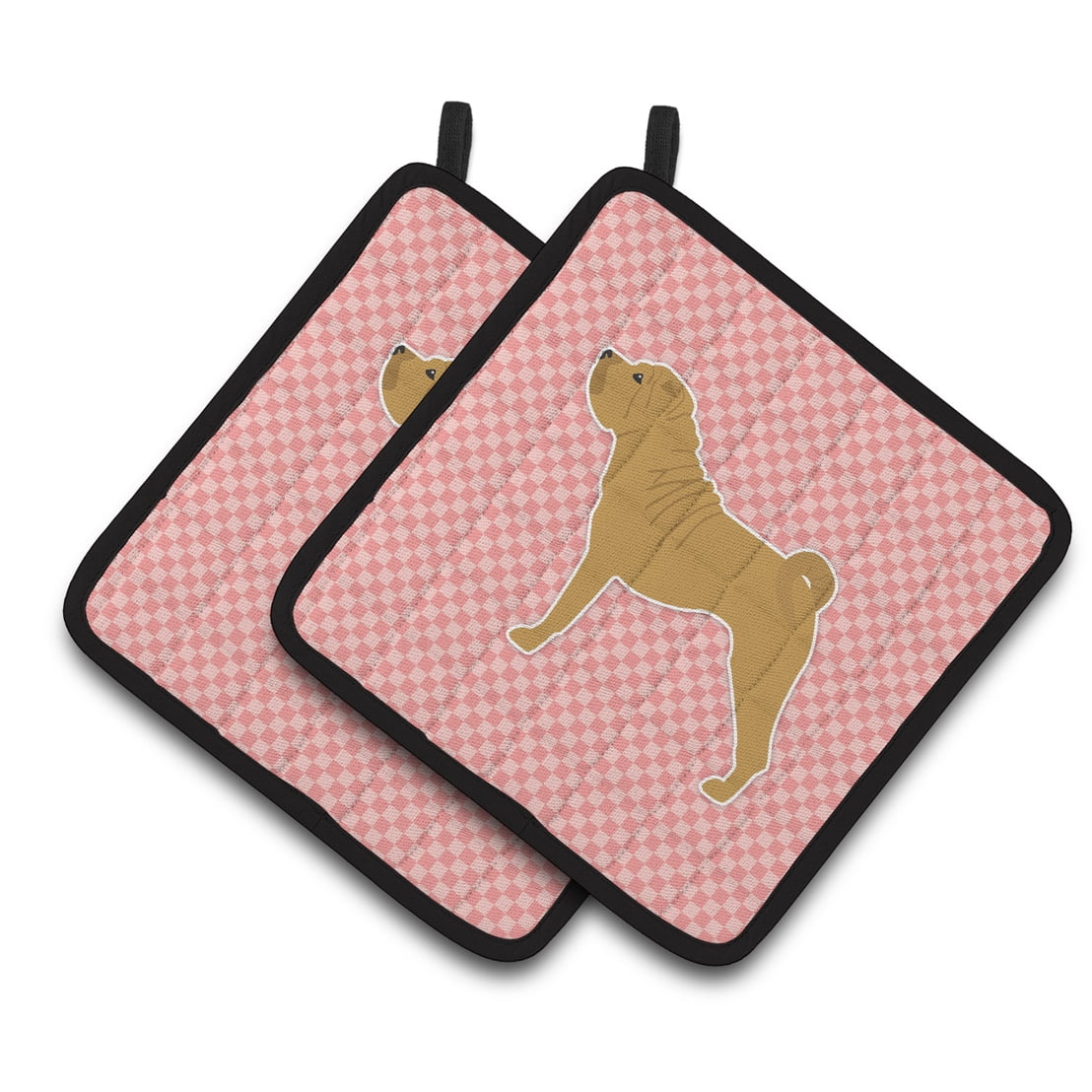 Shar Pei Merry Checkerboard Pink Pair of Pot Holders