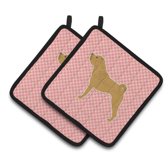 Shar Pei Merry Checkerboard Pink Pair of Pot Holders