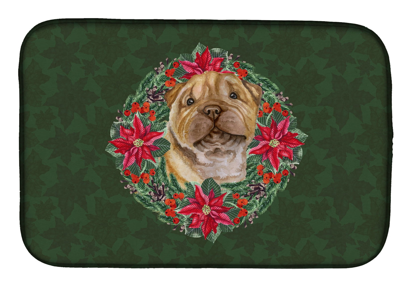 Shar Pei Puppy Poinsetta Wreath Dish Drying Mat