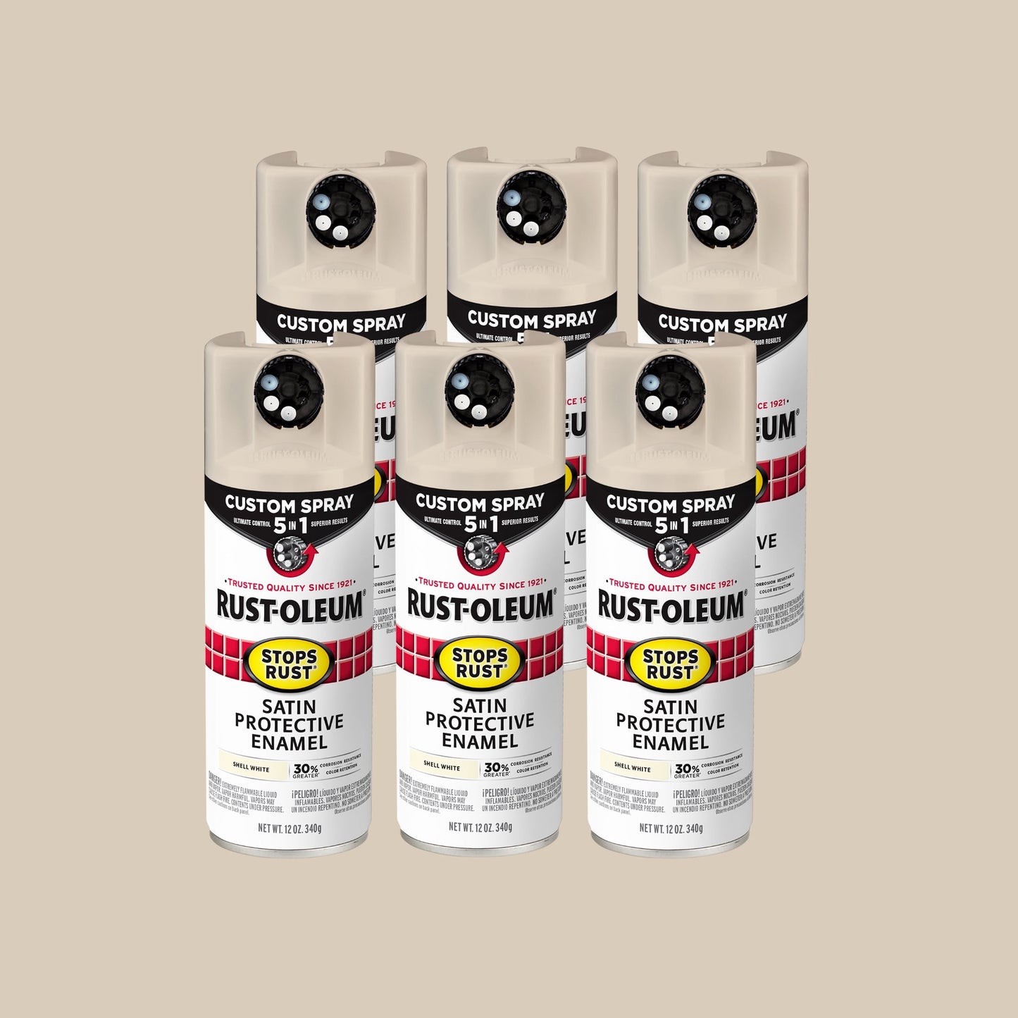 6 Pack, Shell White, Rust-Oleum Stops Rust Custom Spray 5 in 1 Satin Spray Paint-376875, 12 oz